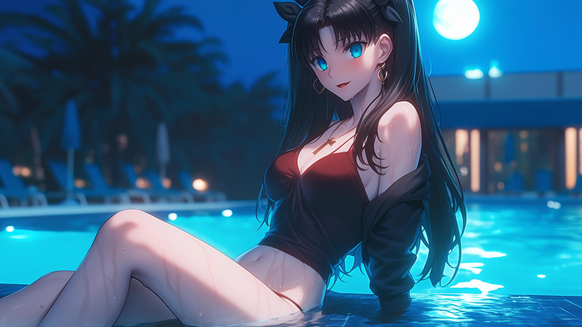 Rin Tohsaka from Fate/stay night resting in a swimming pool under moonlight