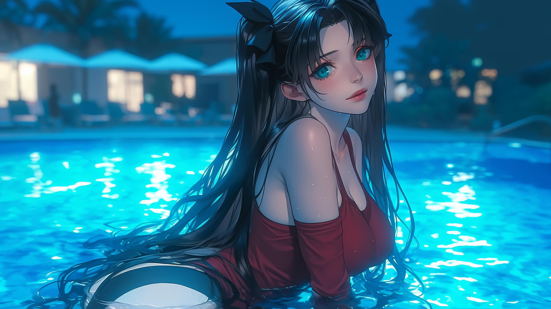 Rin Tohsaka with aqua eyes and black hair resting in a moonlit swimming pool