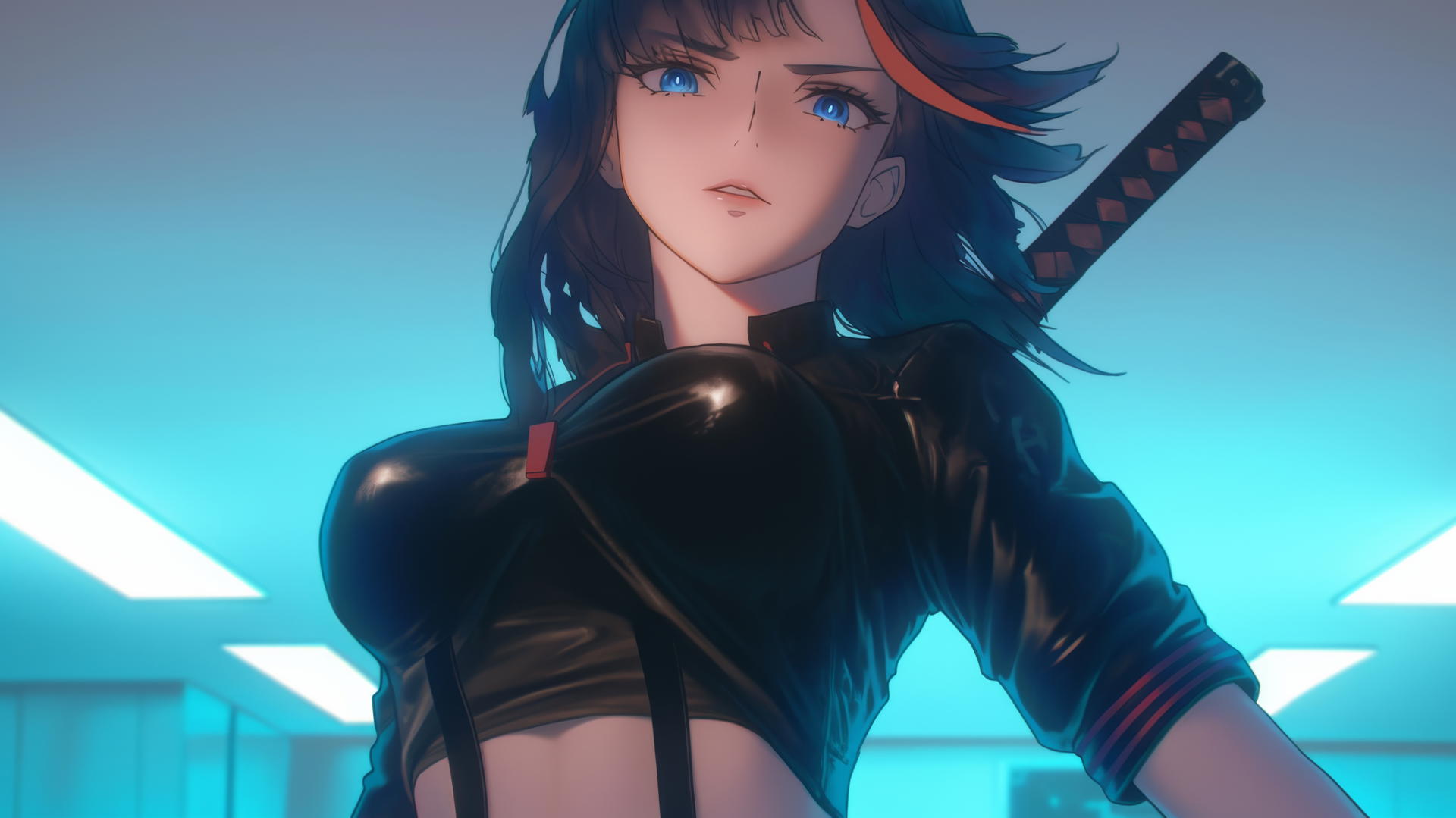 Ryuko Matoi with black feathery hair, single red streak, kneeling and leaning forward under warm light.