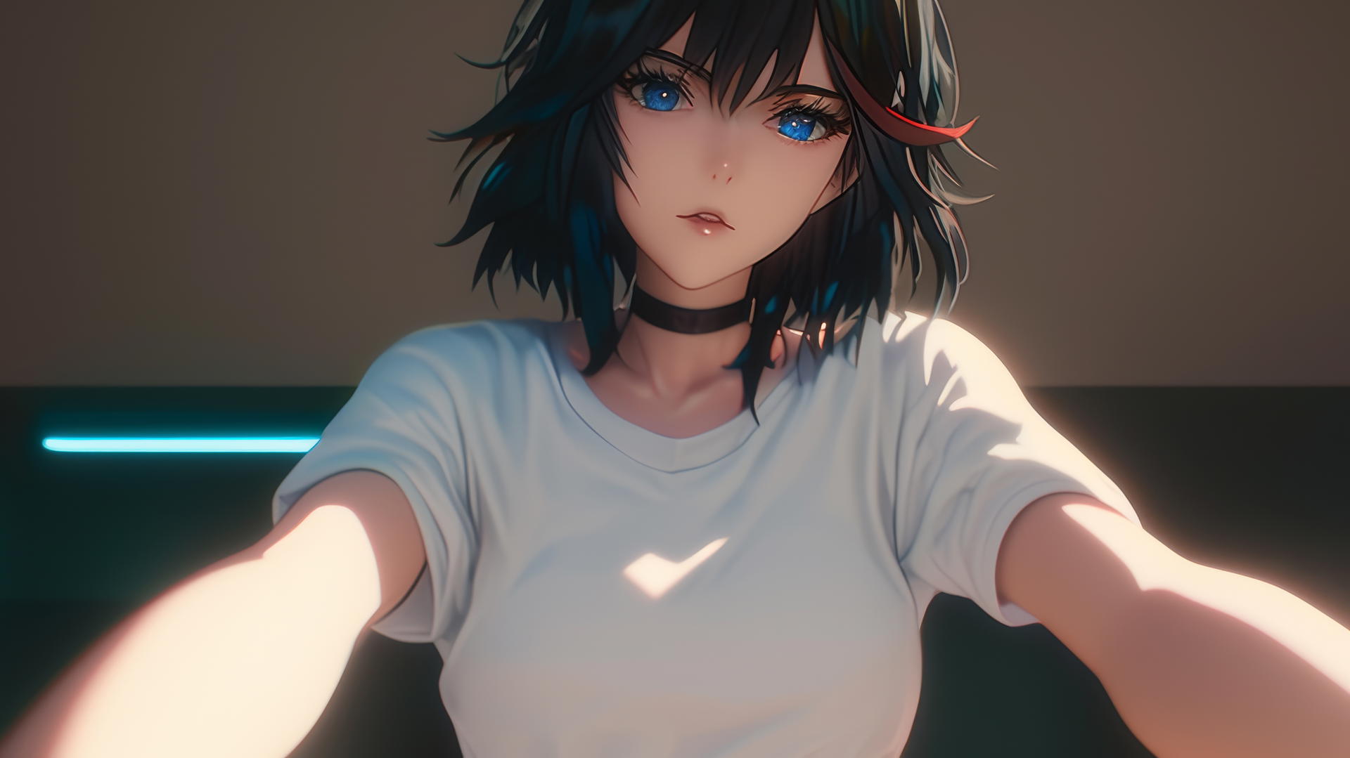 Ryuko Matoi with black feathery hair kneeling, leaning forward, warm light on her, ceiling background.