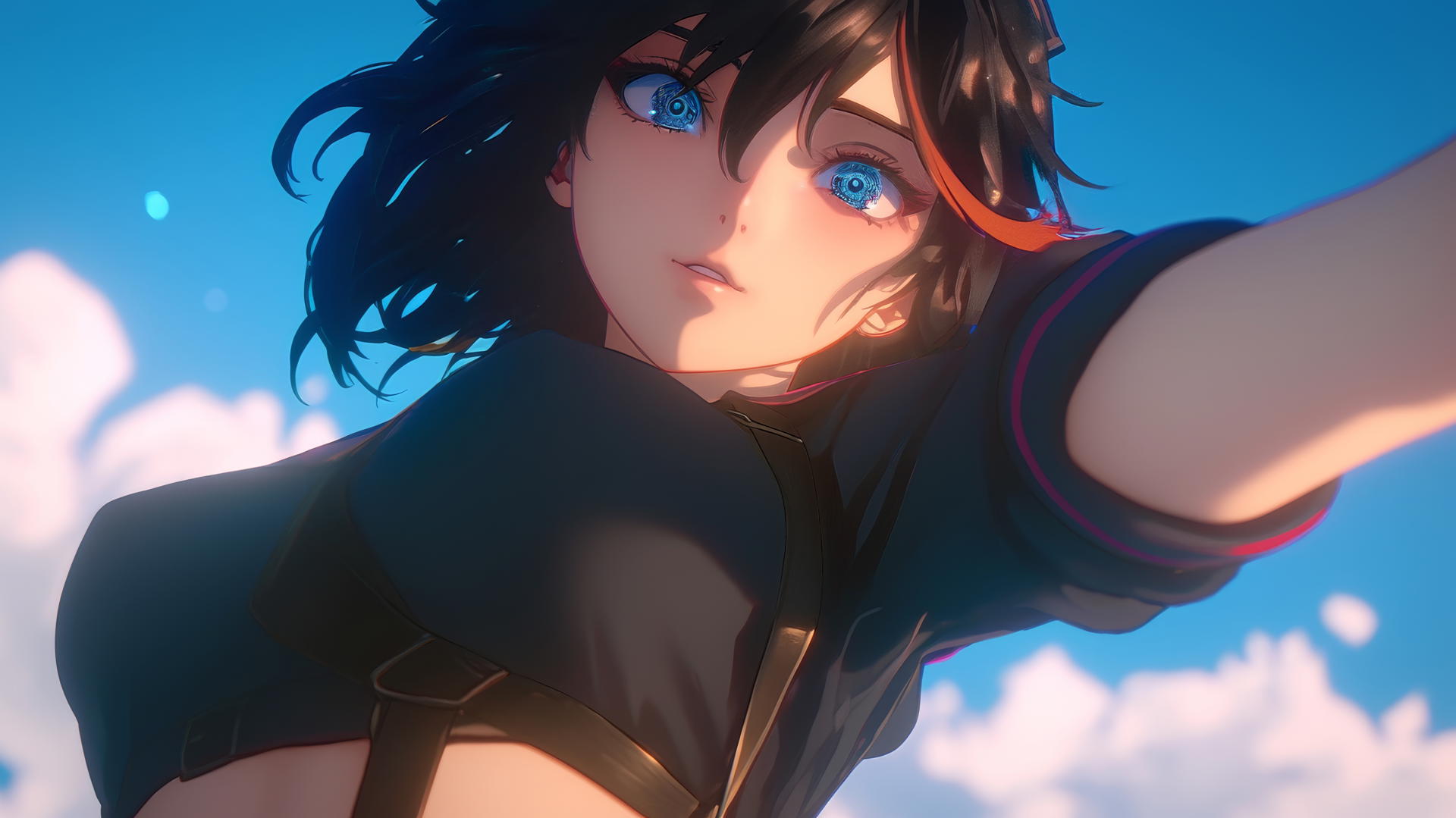 Ryuko Matoi kneeling, leaning forward, with a red streak in black hair, gear-shaped pupils, warm glow.