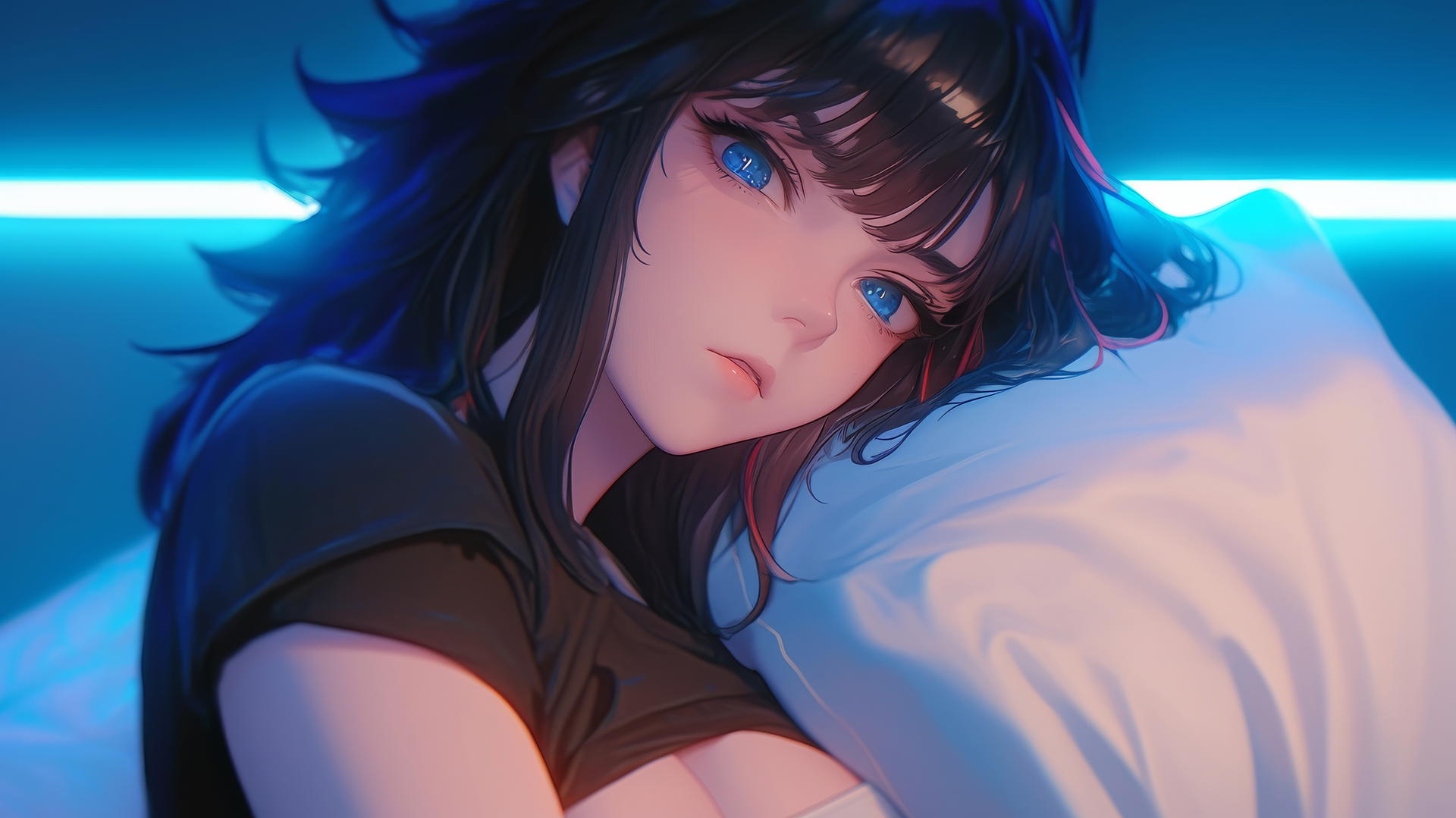 Ryuko Matoi resting with neon glow, red streak in hair, gear-shaped pupils