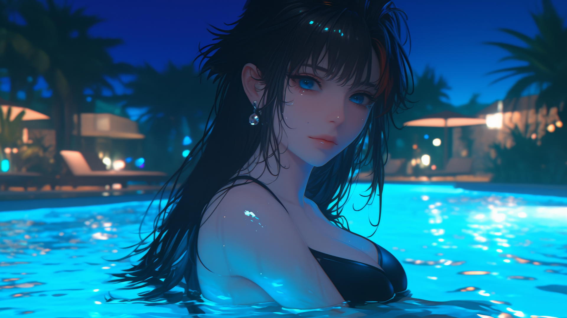 Ryuko Matoi with black feathery hair and a red streak, gear-shaped pupils, relaxing by a moonlit pool.