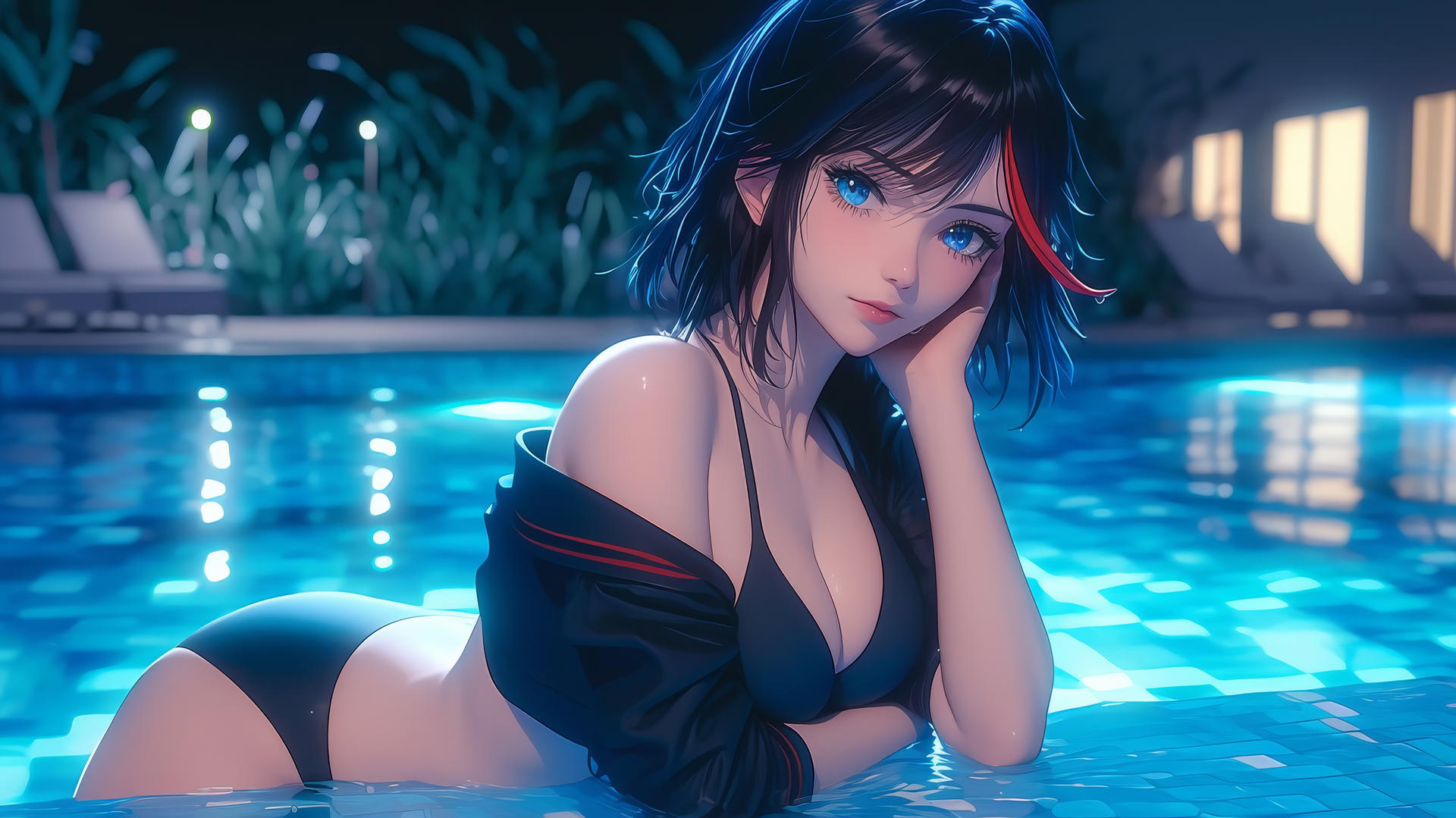 Ryuko Matoi with black feathery hair and blue eyes at a pool in moonlight.