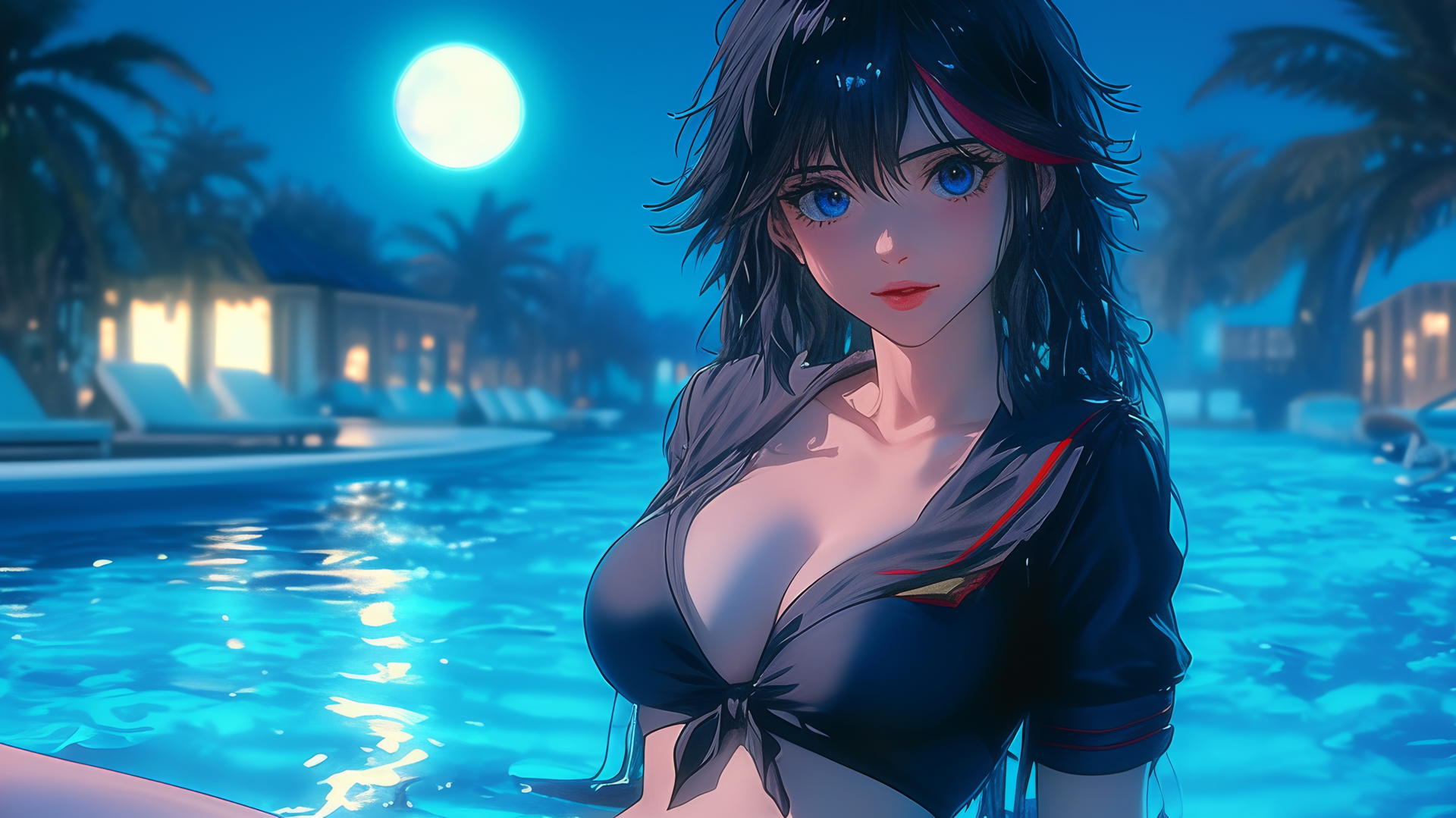 Ryuko Matoi with black feathery hair and red streak rests by a pool under moonlight