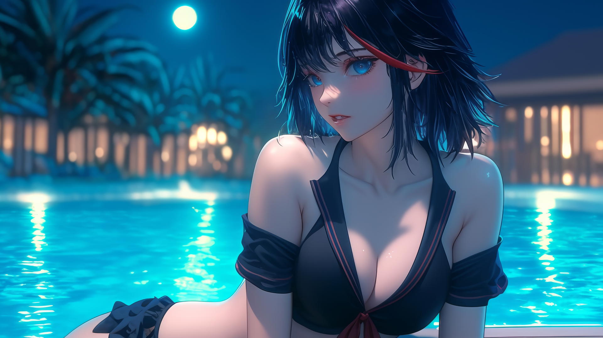 Ryuko Matoi with mid-length black hair, a red streak, and blue gear-shaped pupils, resting by a moonlit swimming pool.
