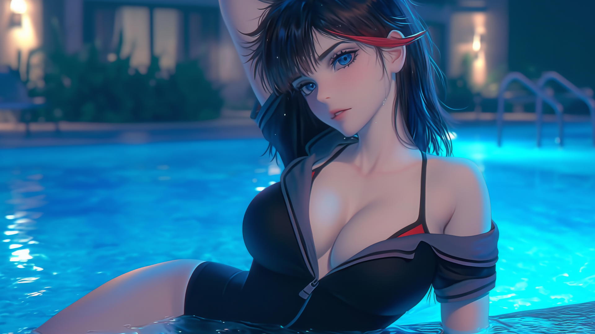 Ryuko Matoi with mid-length black hair with a red streak, blue eyes with gear-shaped pupils, lounging by a pool in moonlight.