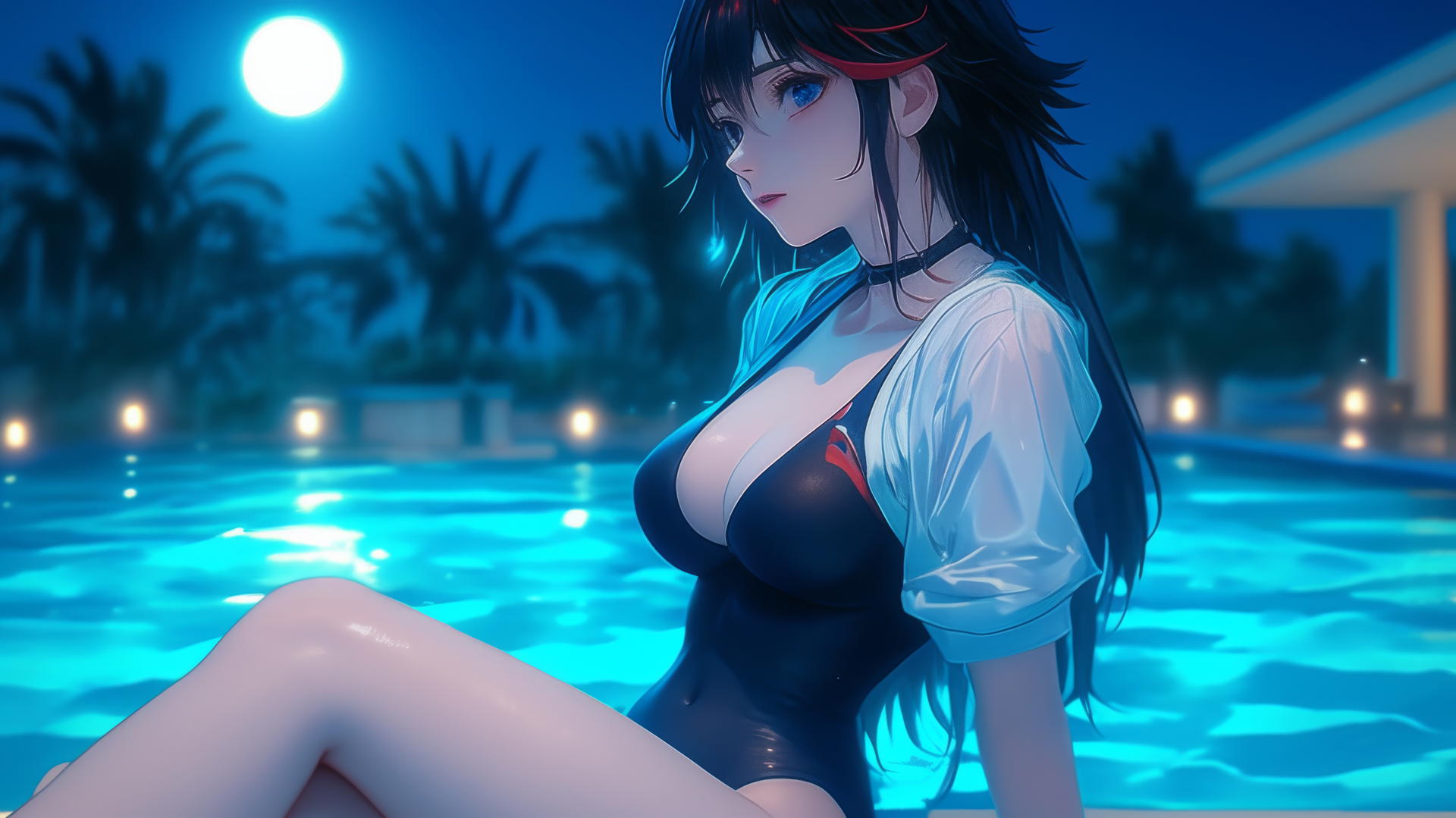 Ryuko Matoi with black, feathery hair and a red streak, gear-shaped pupils resting by a pool under moonlight.