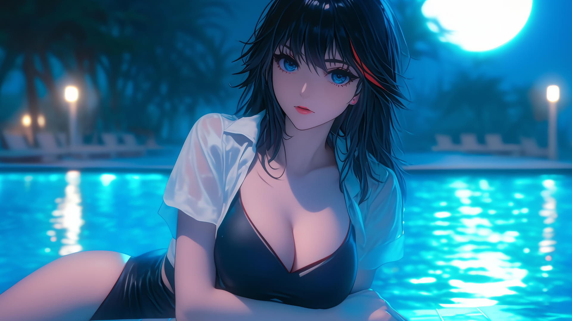 Ryuko Matoi with black feathery hair and a red streak, resting by a swimming pool under moonlight.
