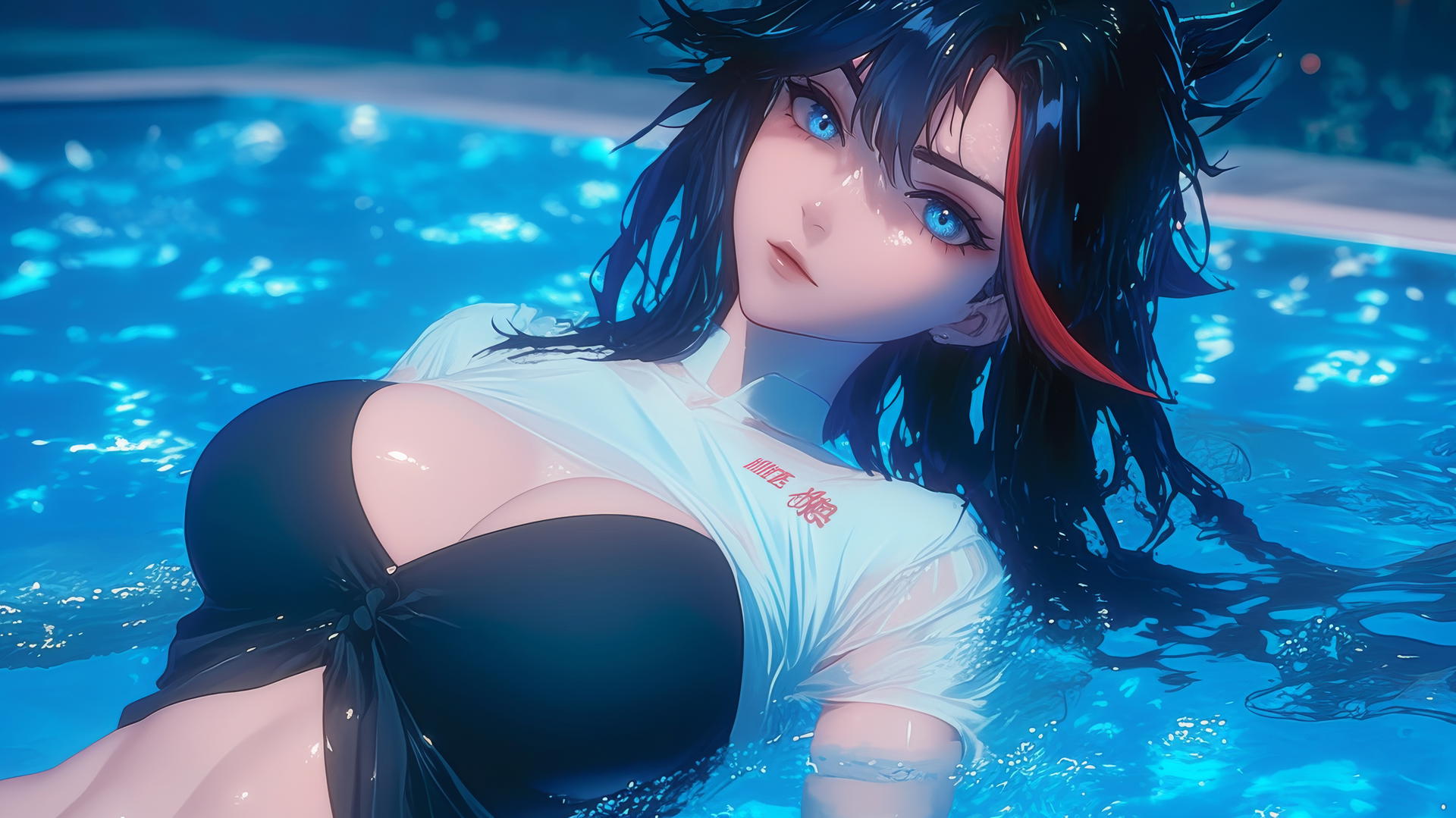 Ryuko Matoi with mid-length black hair, red streak, blue eyes with gear-shaped pupils, relaxing by a pool in moonlight.
