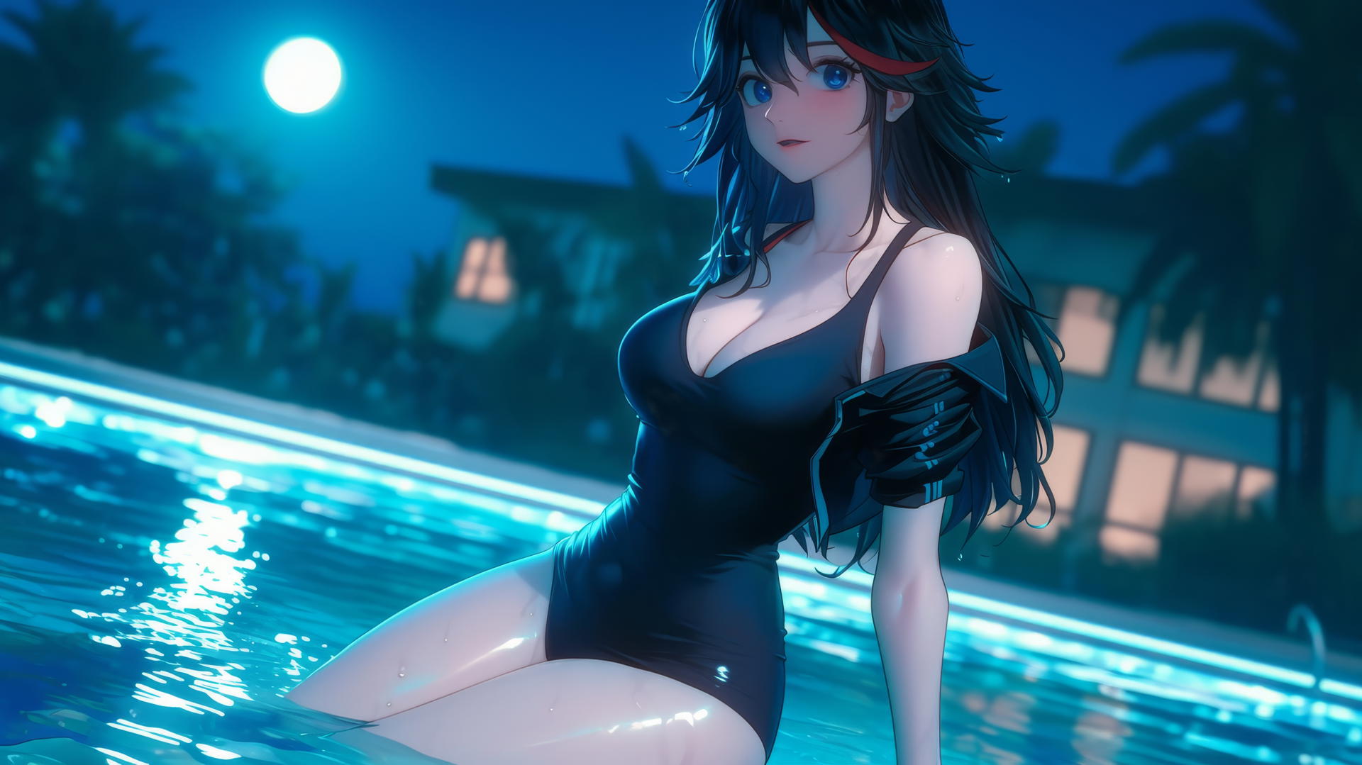 Ryuko Matoi with black feathery hair and a red streak, blue eyes with gear-shaped pupils, jumping out of a swimming pool under moonlight.