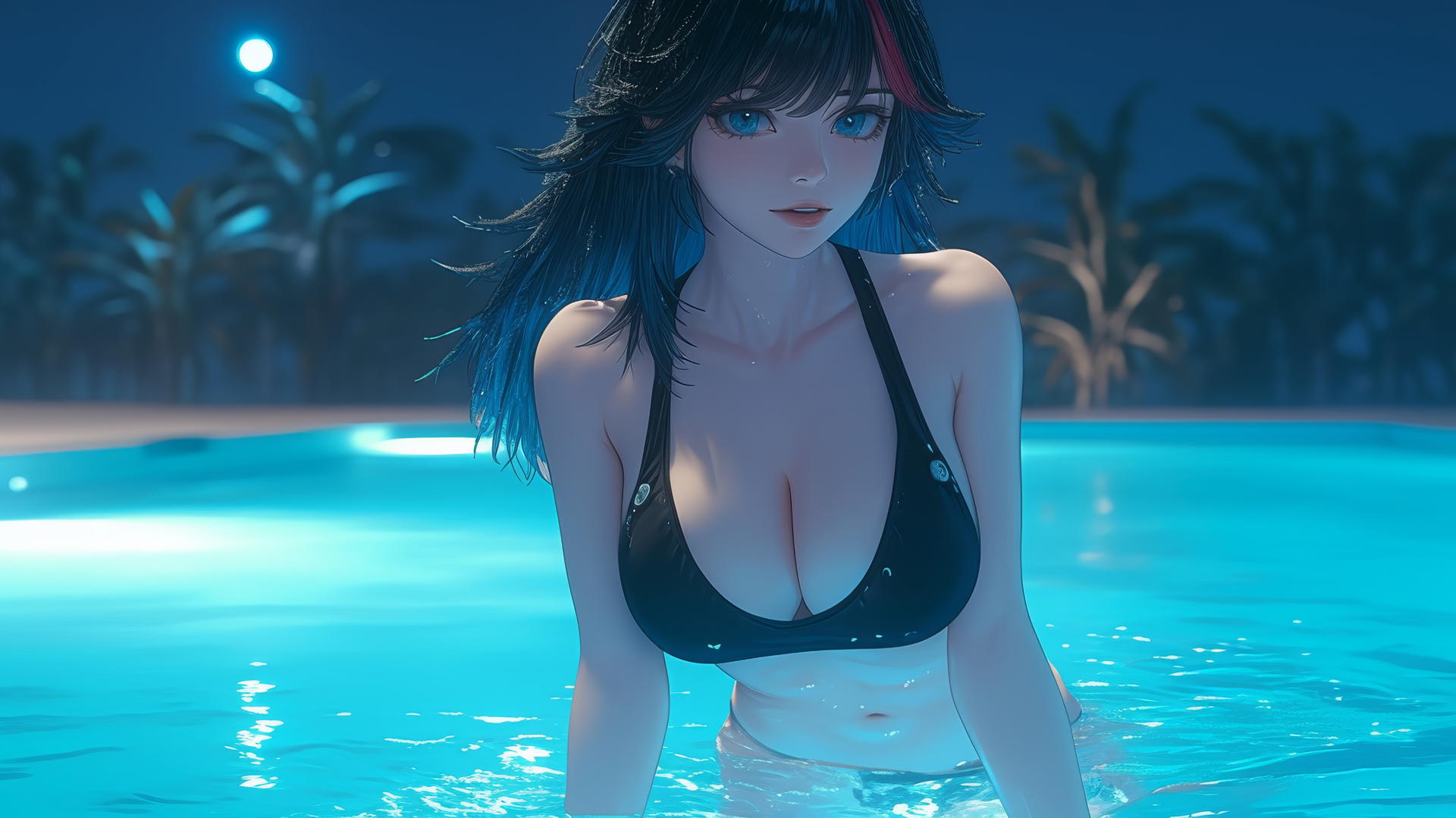 Ryuko Matoi with black, feathery hair and red streak jumps out of swimming pool under moonlight.