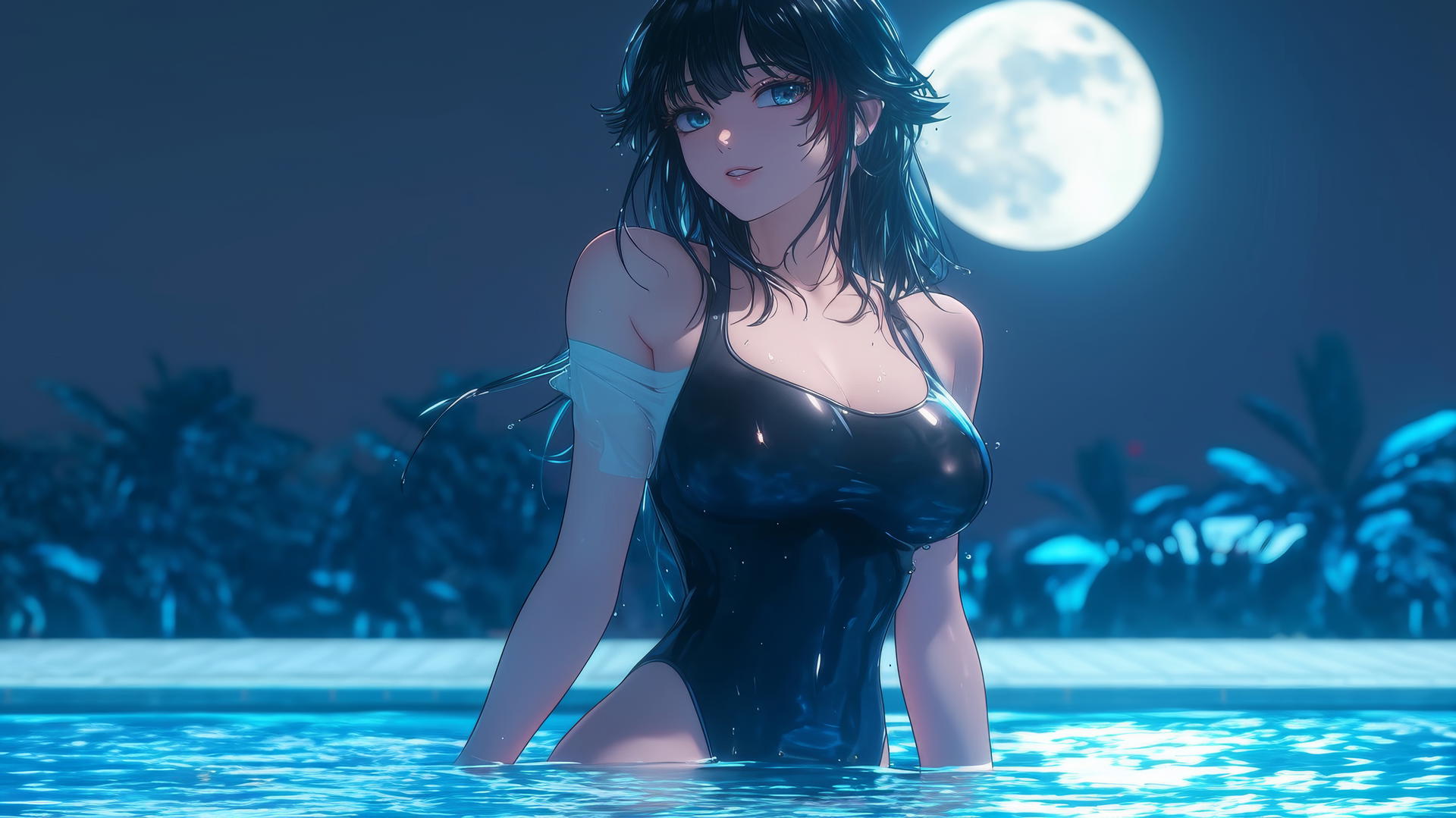 Ryuko Matoi with black feathered hair and a red streak, jumping out of a pool under moonlight.