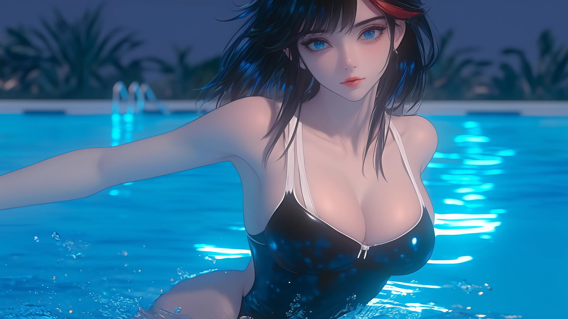 Ryuko Matoi with mid-length black hair and a red streak, blue eyes with gear-shaped pupils, jumping out of a pool under moonlight.