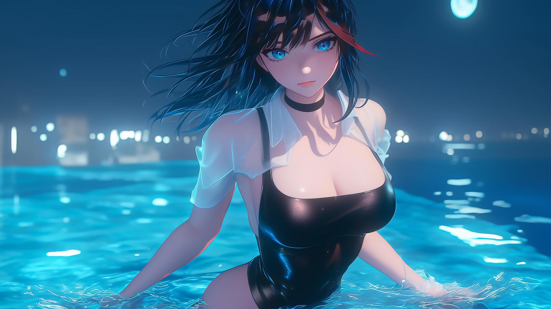 Ryuko Matoi jumping out of a swimming pool under moonlight with her gear-shaped pupils visible.