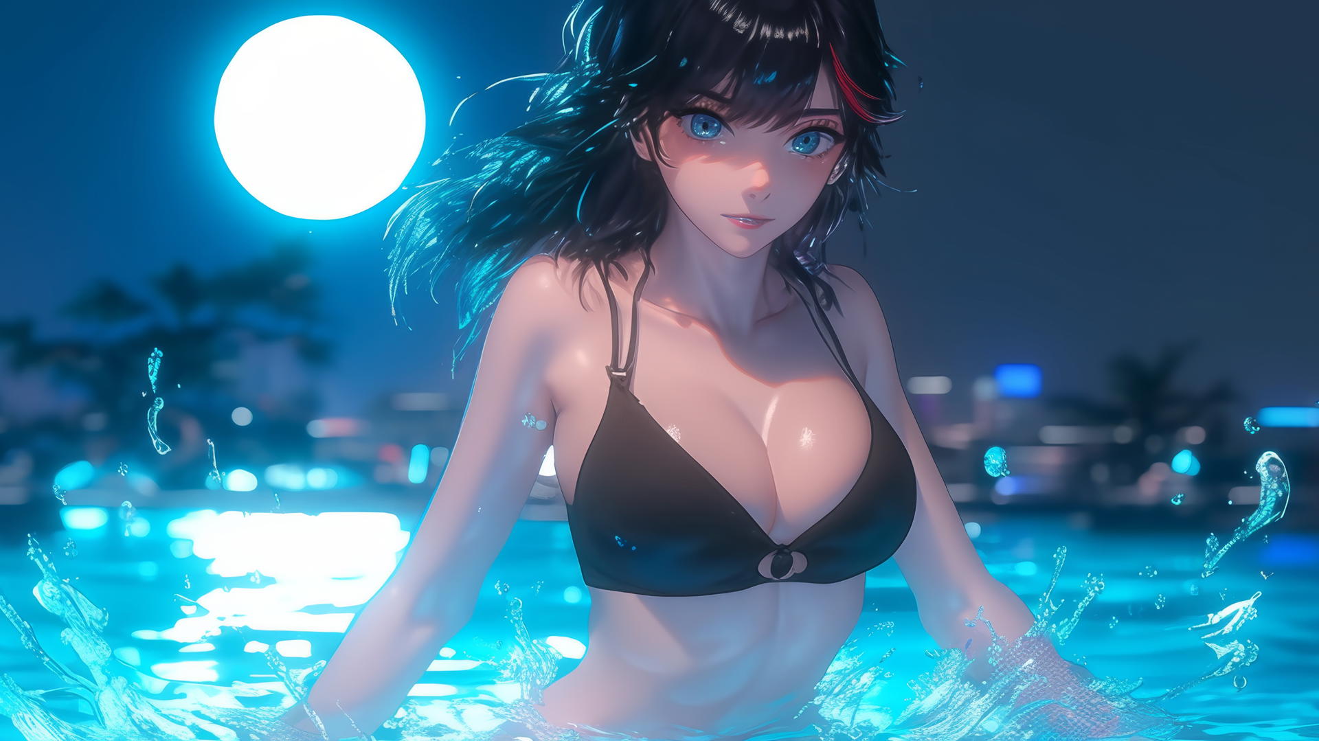 Ryuko Matoi jumping out of a swimming pool under moonlight