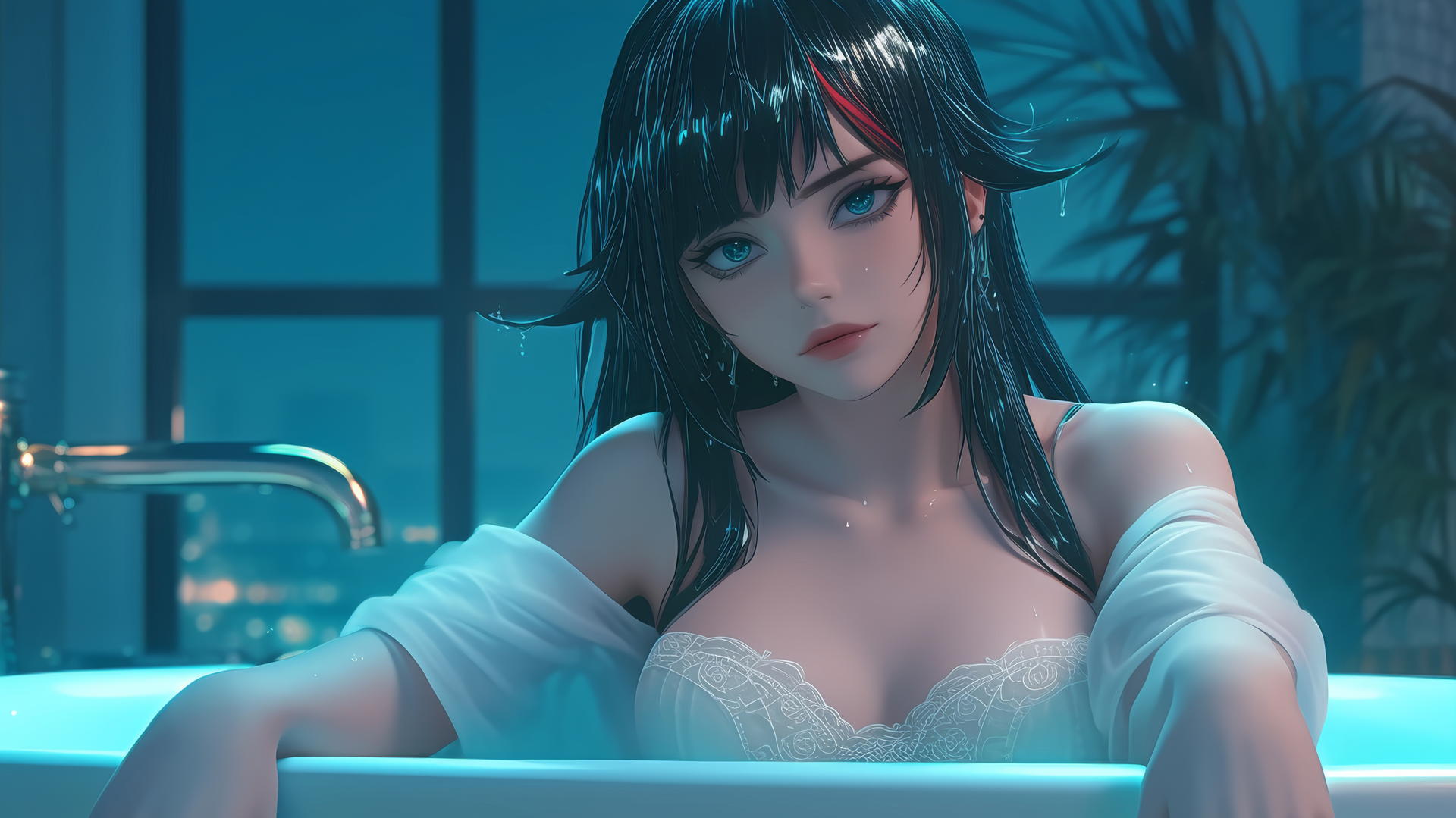 Ryuko Matoi with black feathery hair and a red streak, blue eyes with gear-shaped pupils, relaxing in a tub with neon light glow
