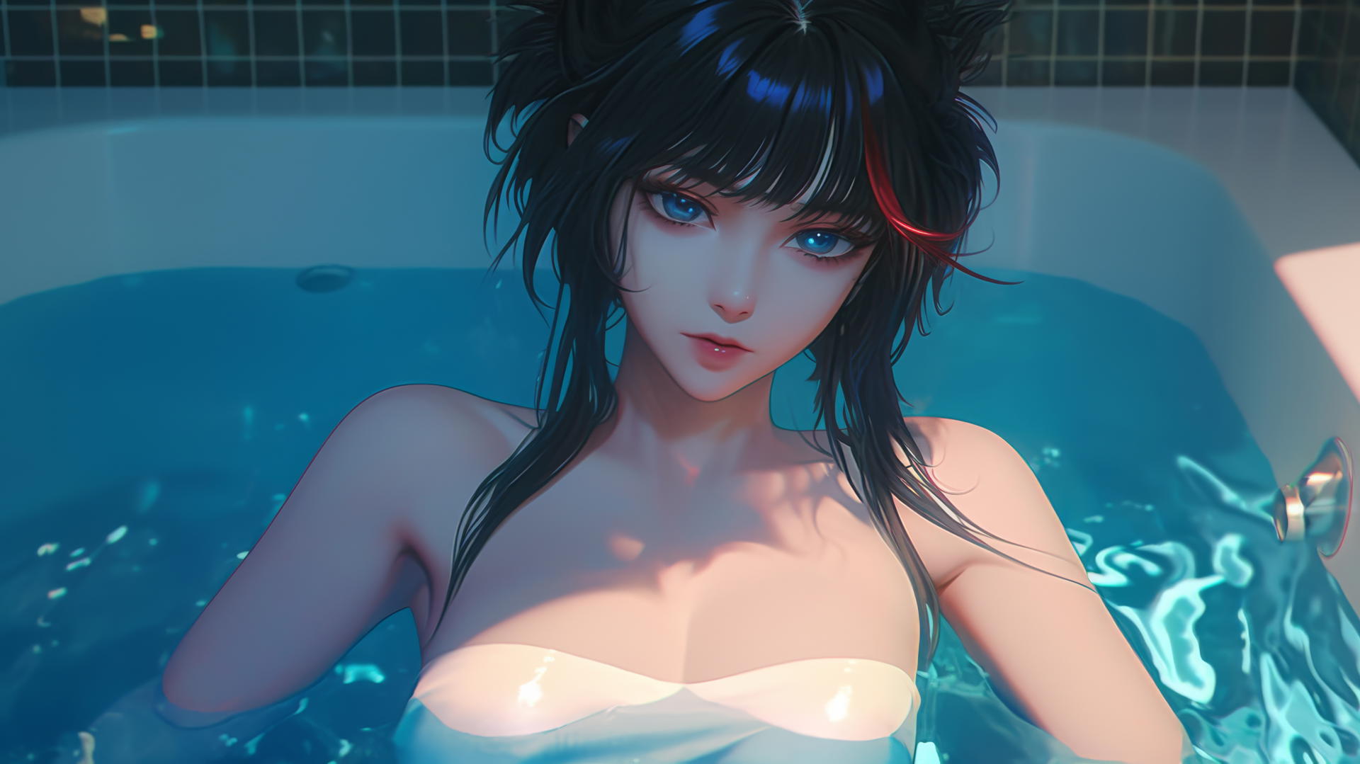Ryuko Matoi with red streak in black hair, blue gear-shaped eyes, in a tub with neon light