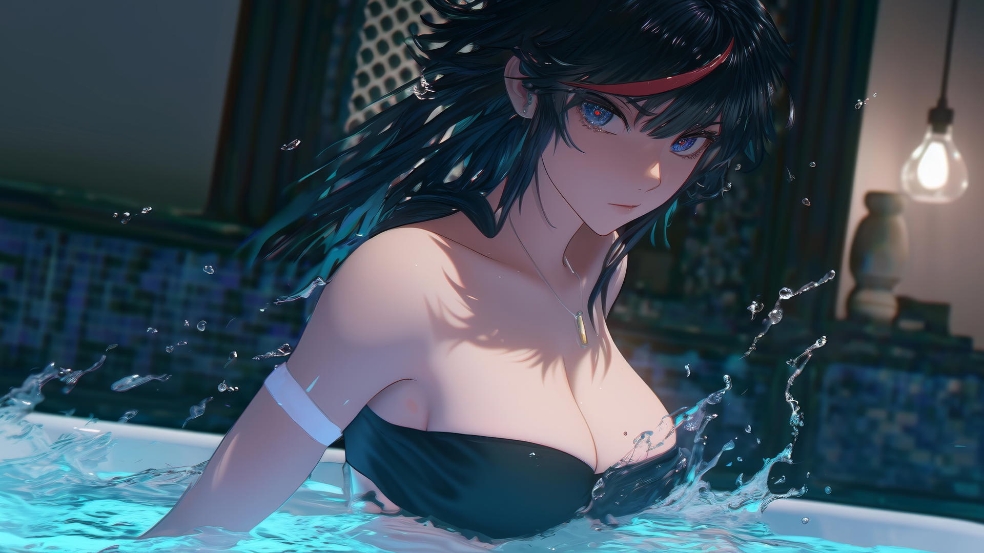 Ryuko Matoi with black feathery hair and a red streak jumping out of a tub in a neon-lit apartment