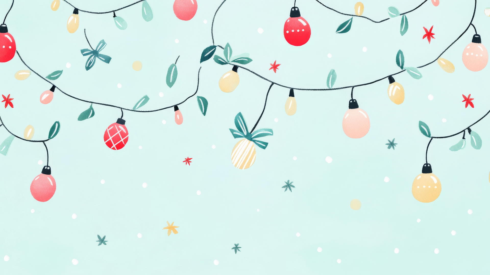 Pattern of Christmas lights, baubles, bows on pale mint background, cute preppy Christmas wallpaper