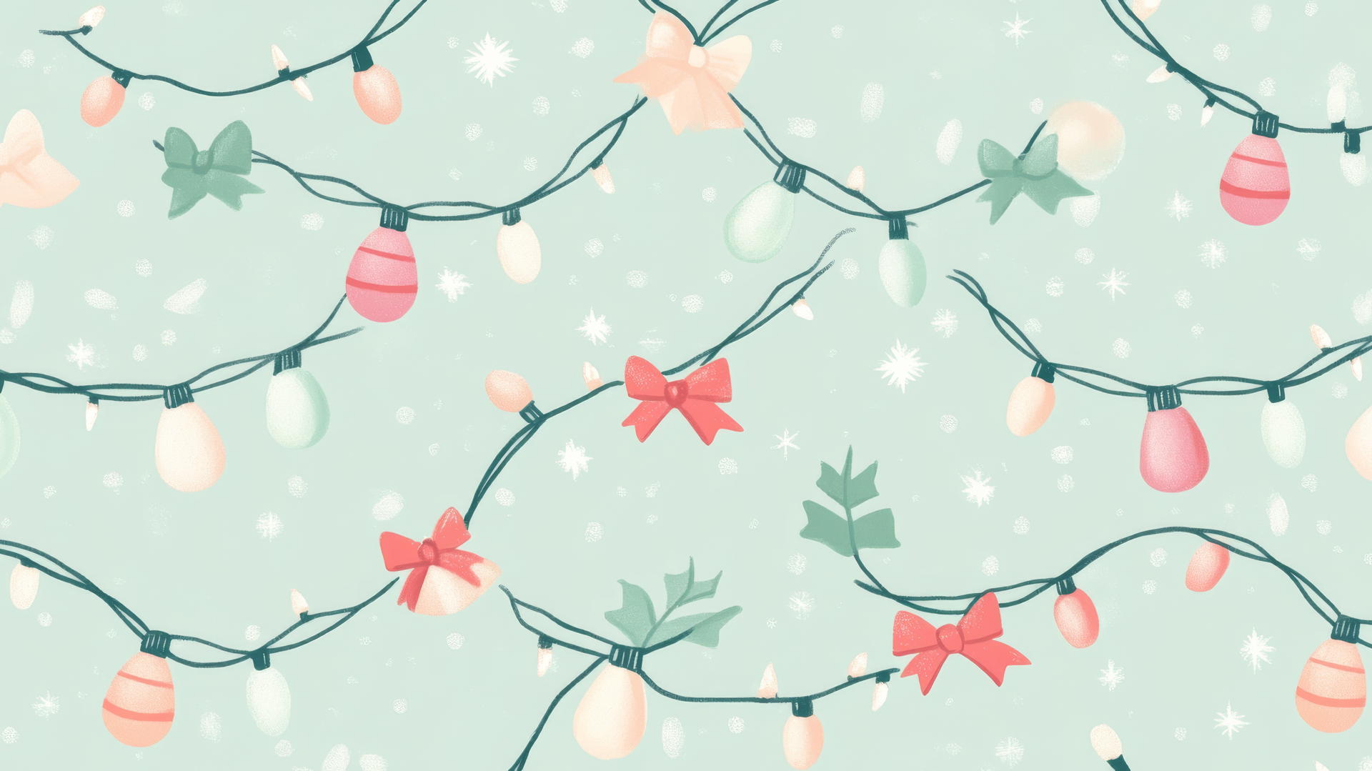 cute preppy Christmas wallpaper with pastel Christmas lights, baubles, and bows on pale mint background