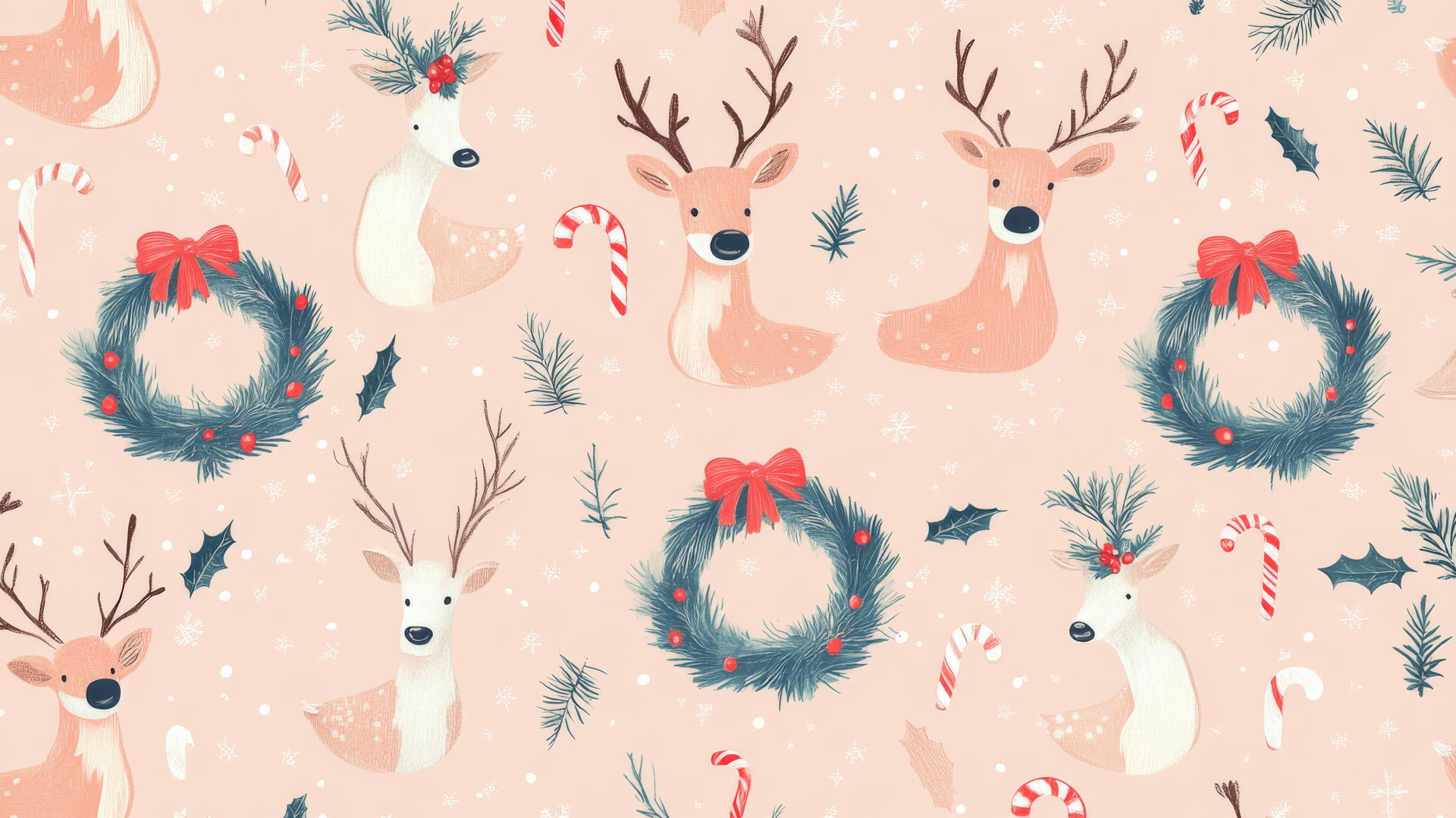 cute Christmas wallpaper preppy with reindeer, wreaths, and candy canes on a pastel pink background