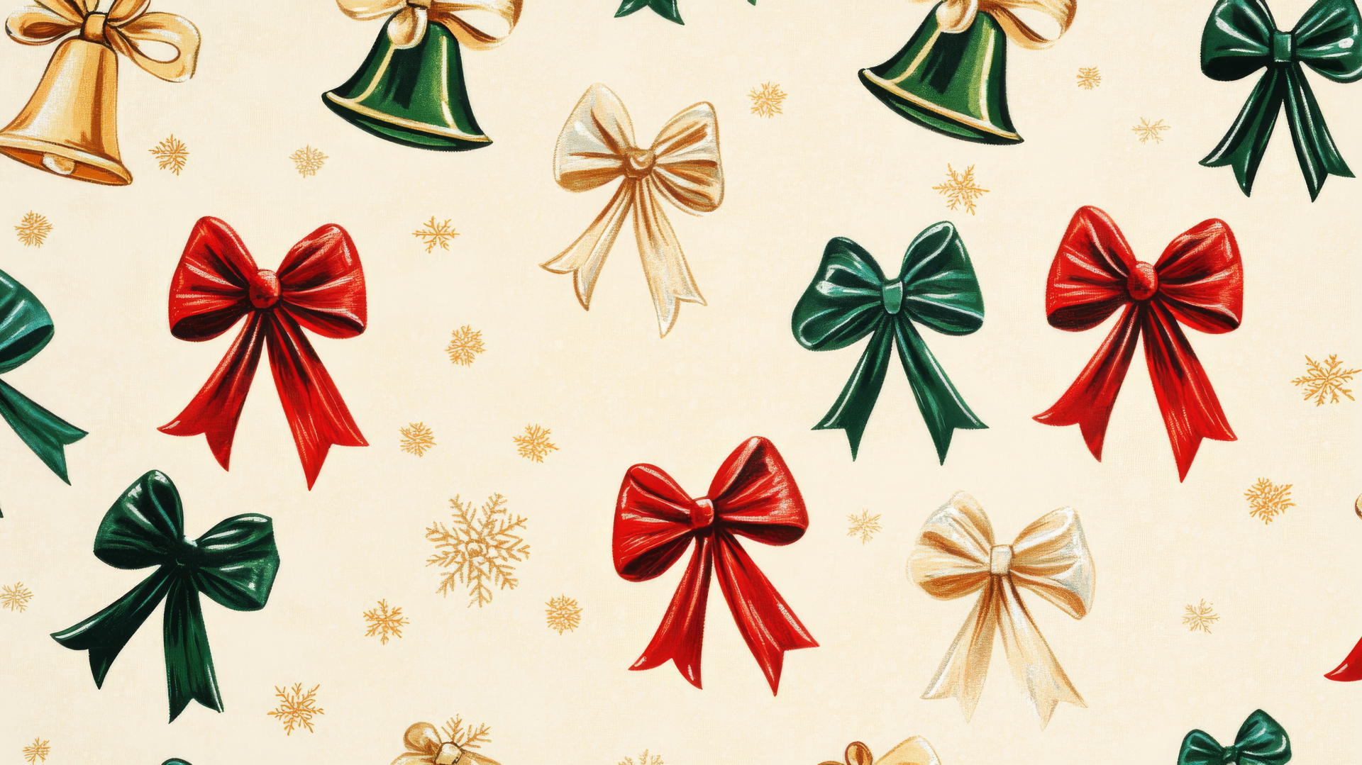 Christmas wallpaper preppy with bows, bells, and snowflakes in red, gold, and green on a cream background