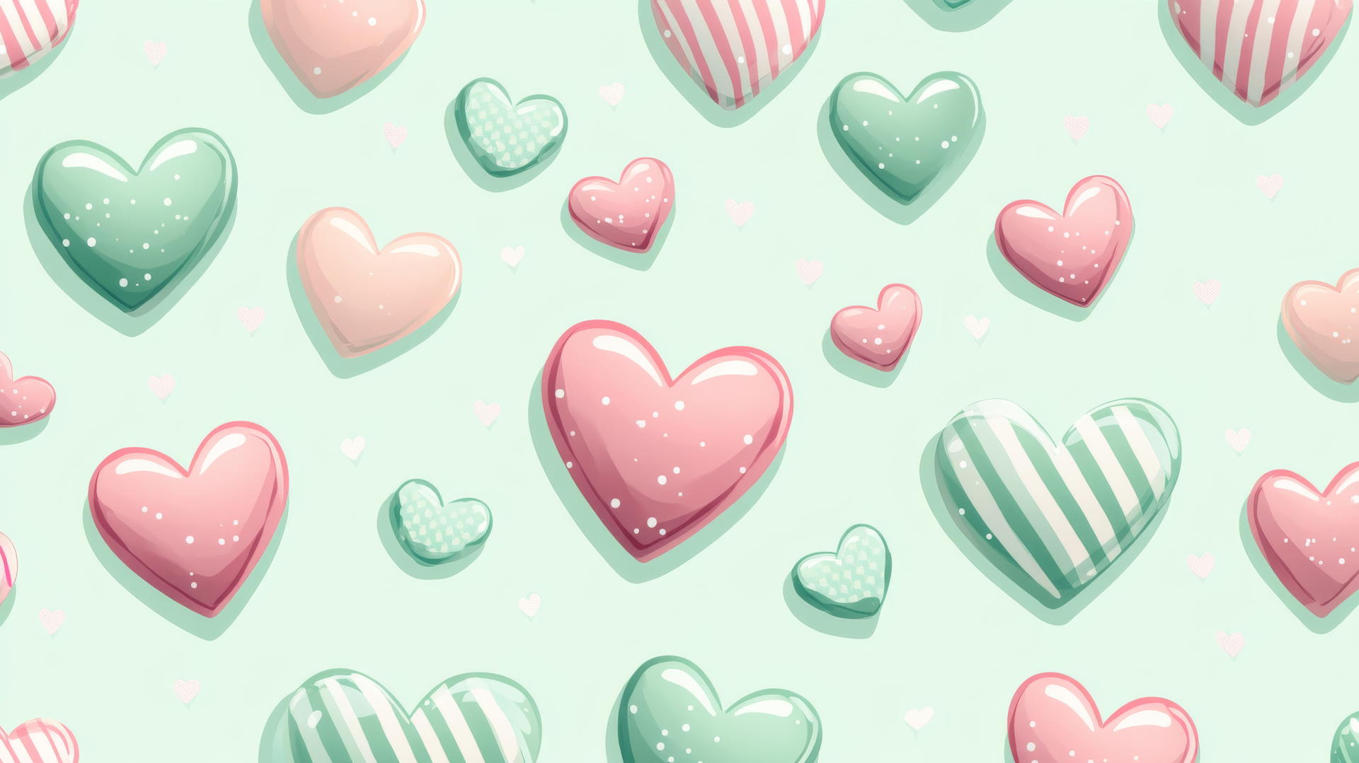 preppy wallpaper with retro Valentine's Day pattern of pink and green hearts on a minty background