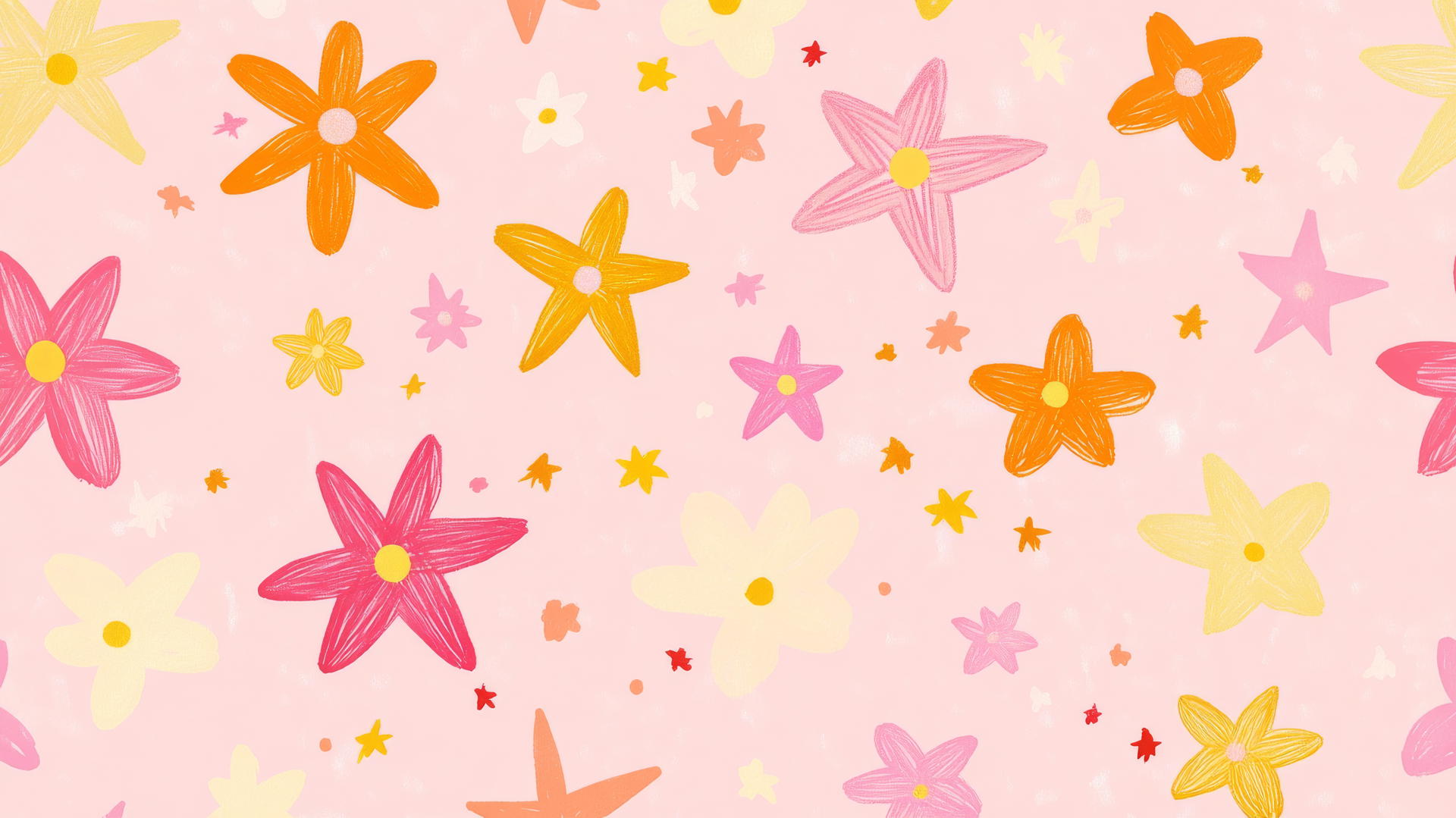 Pink preppy wallpaper with hand-drawn stars and flowers in pink, yellow, orange on pastel pink background.