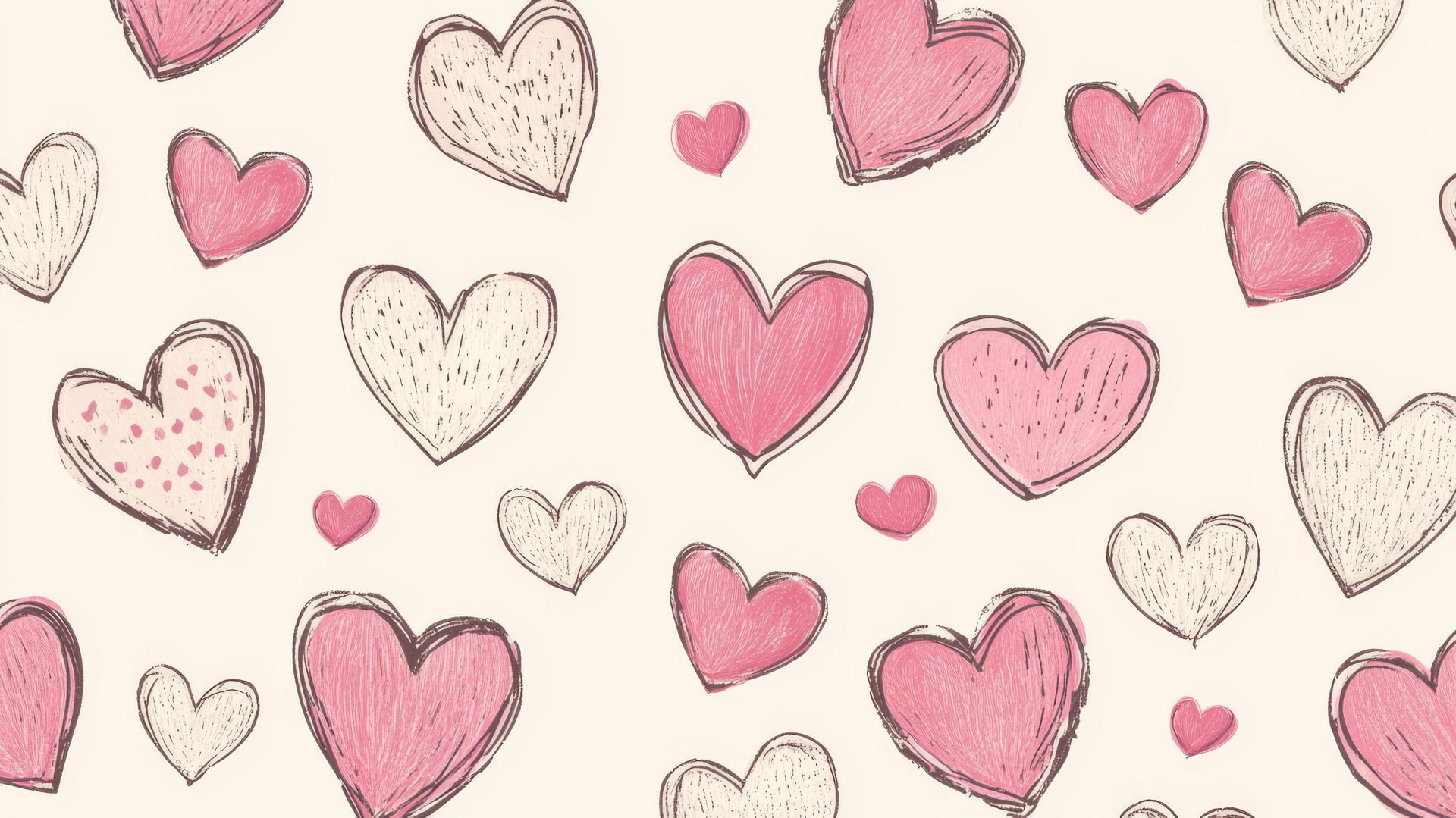 preppy wallpaper with pink hearts on a cream background, hand-drawn style, dreamy and cute details