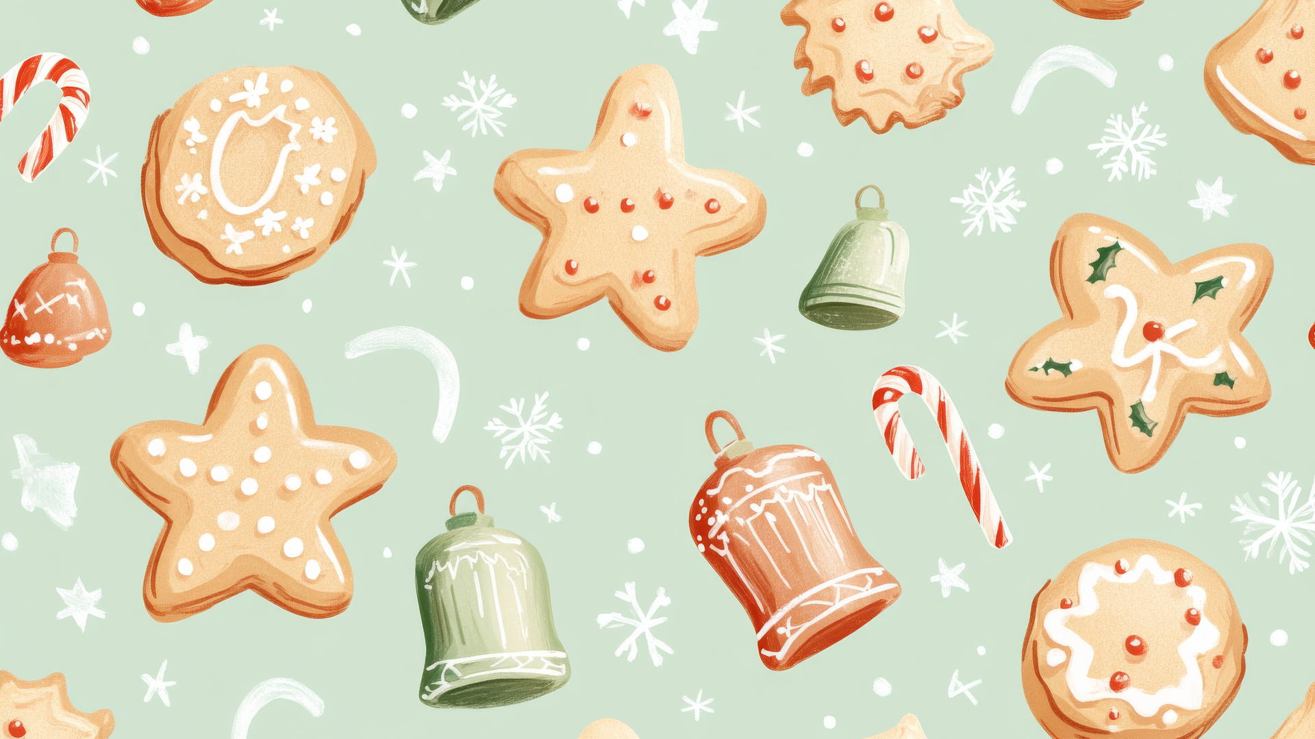 preppy Christmas wallpaper with cookies and bells in pastel colors on light green background