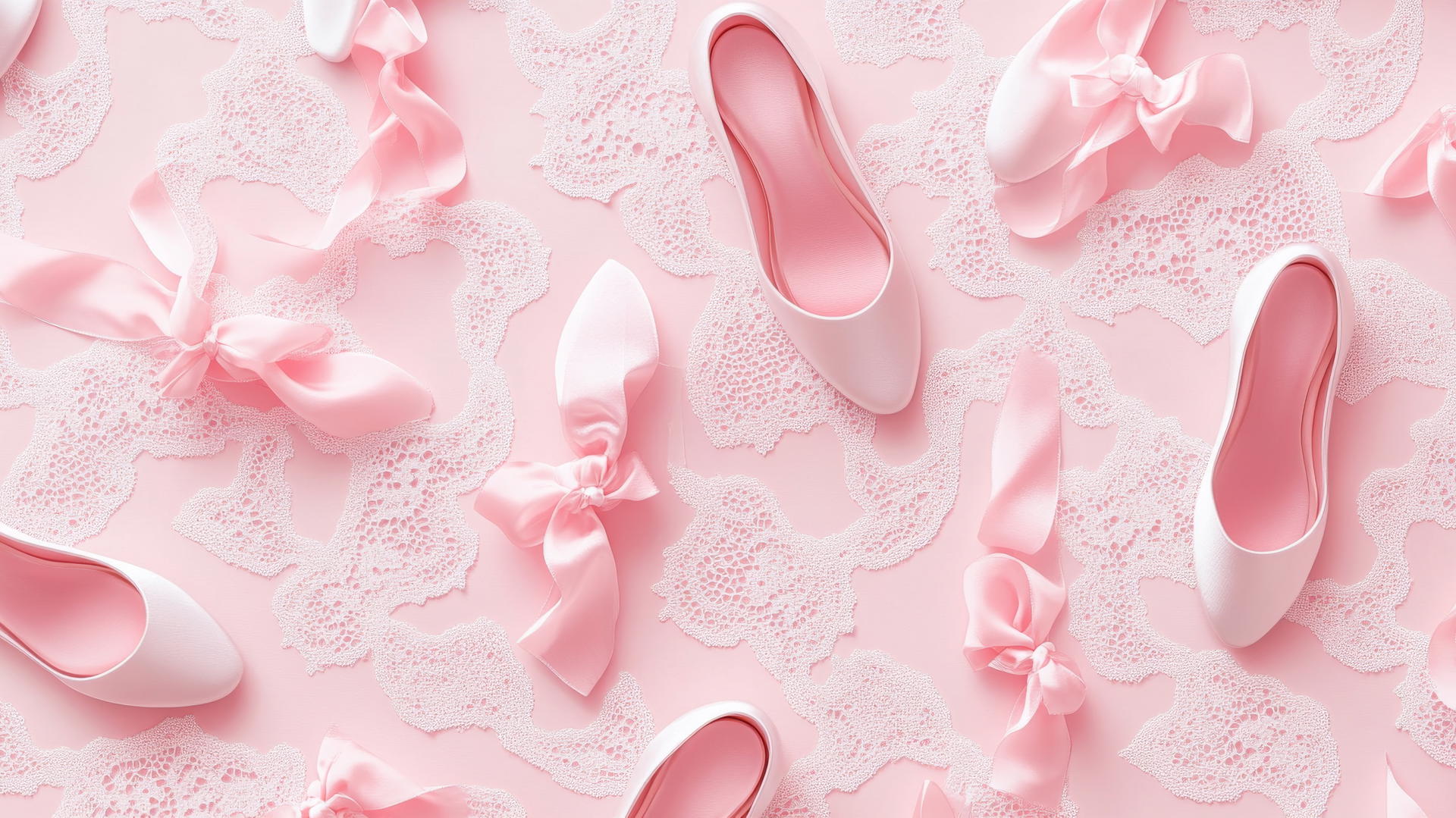 preppy wallpaper pink with chic ballet slippers and satin ribbons on pink background with white lace