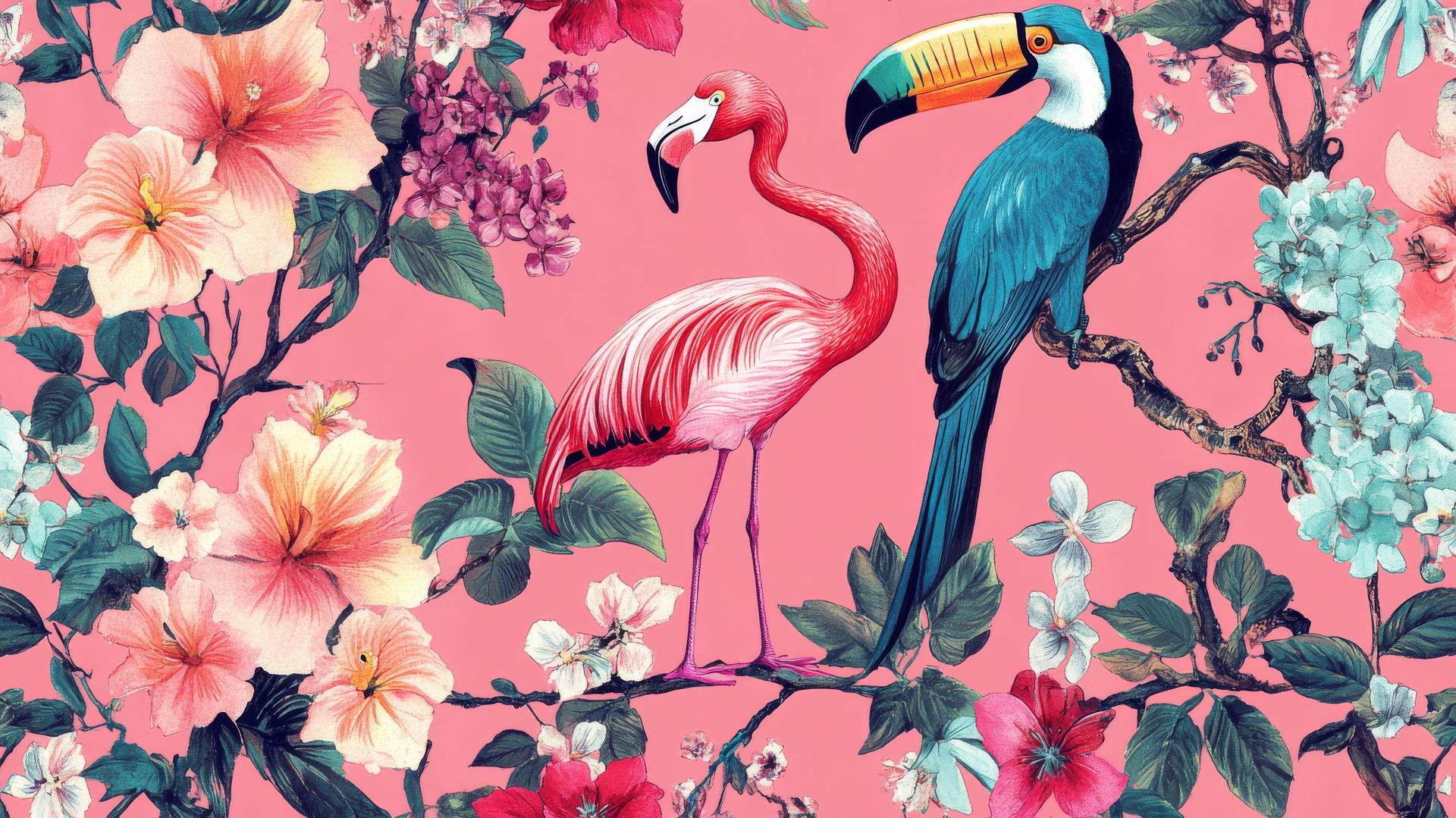 preppy pink wallpaper with pink flamingos, toucans, and tropical flowers
