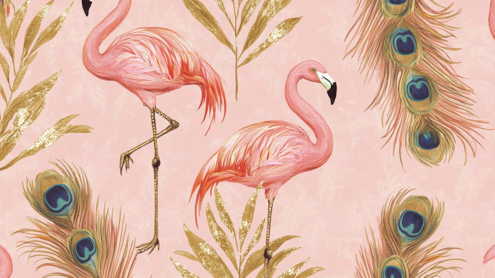 preppy pink wallpaper with pink flamingos and peacock feathers on blush background