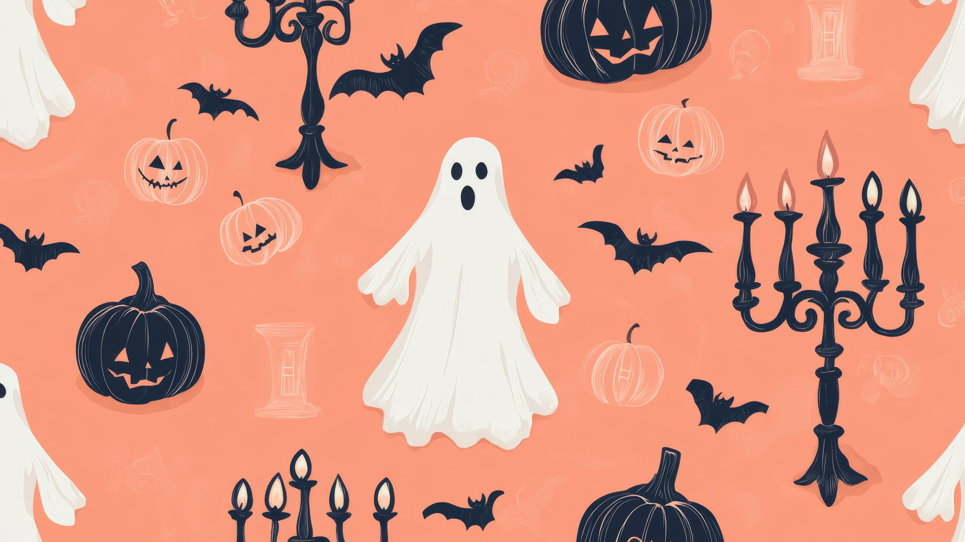 halloween preppy wallpaper with elegant ghosts, candelabras, and monogrammed pumpkins on pastel coral