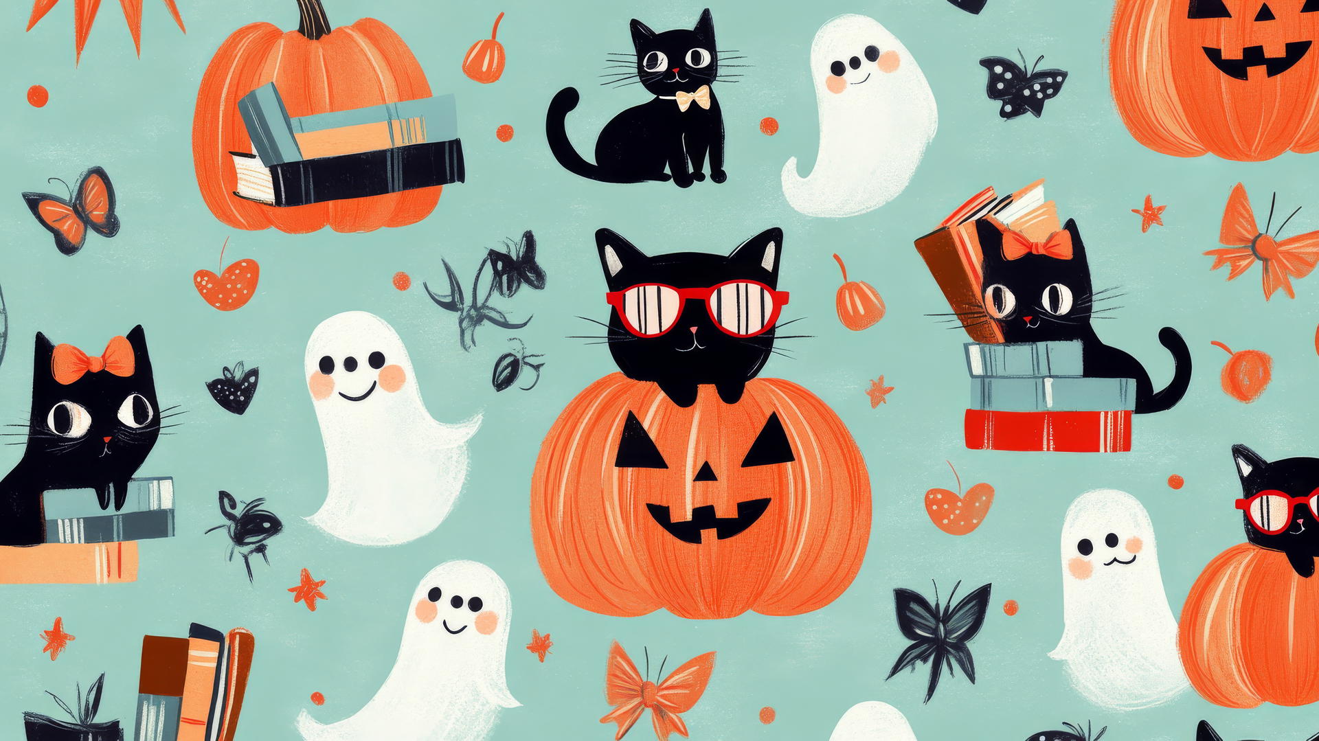 Halloween preppy wallpaper with pumpkins, ghosts, and cats