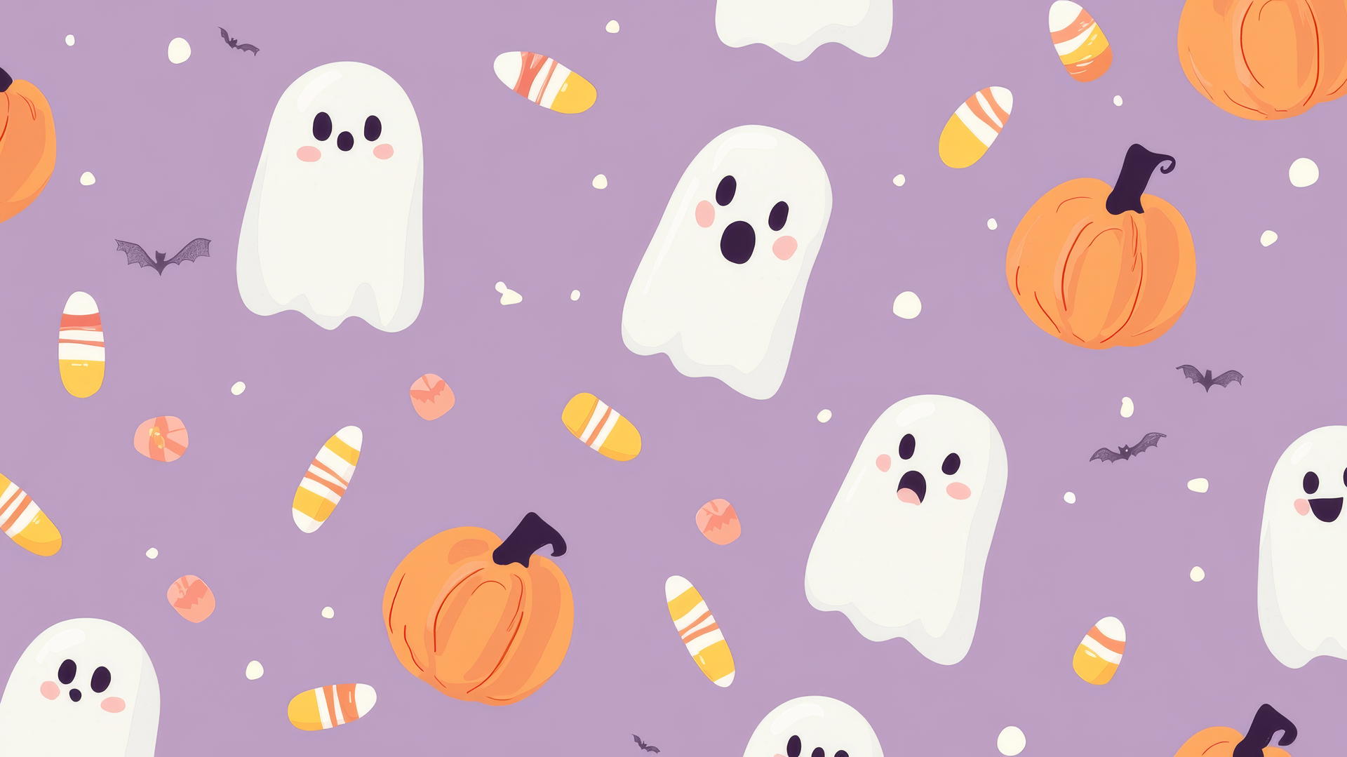 Halloween wallpaper preppy with cute ghosts, pumpkins, and candy corn on pastel lavender