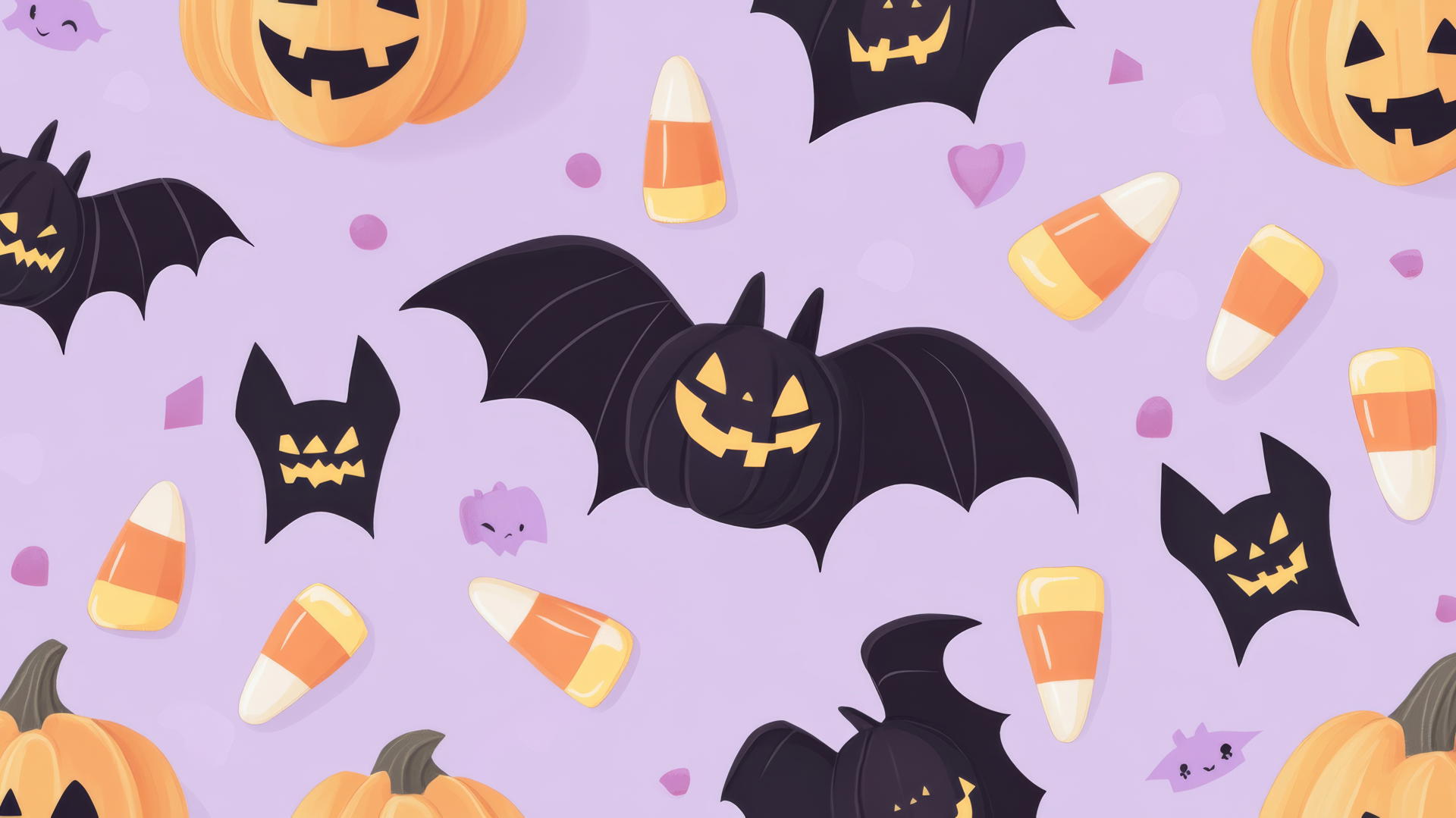 preppy wallpaper halloween with cute bats, smiling pumpkins, and candy corn on pastel lavender