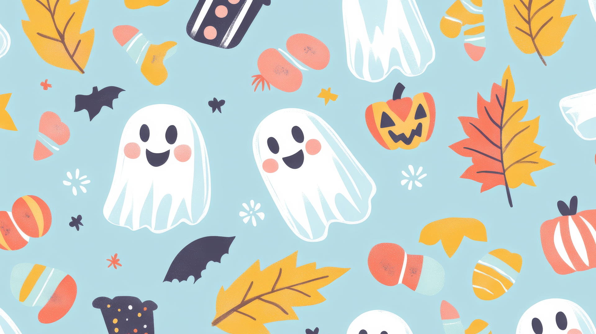 preppy Halloween wallpaper with cute ghosts, candy, and autumn leaves on pastel blue