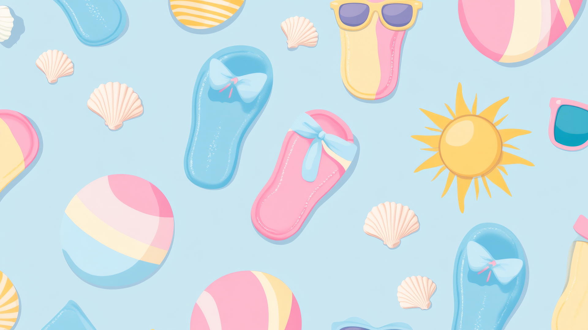 Preppy summer wallpaper with pastel flip-flops, beach balls, sunglasses, suns, and seashells.