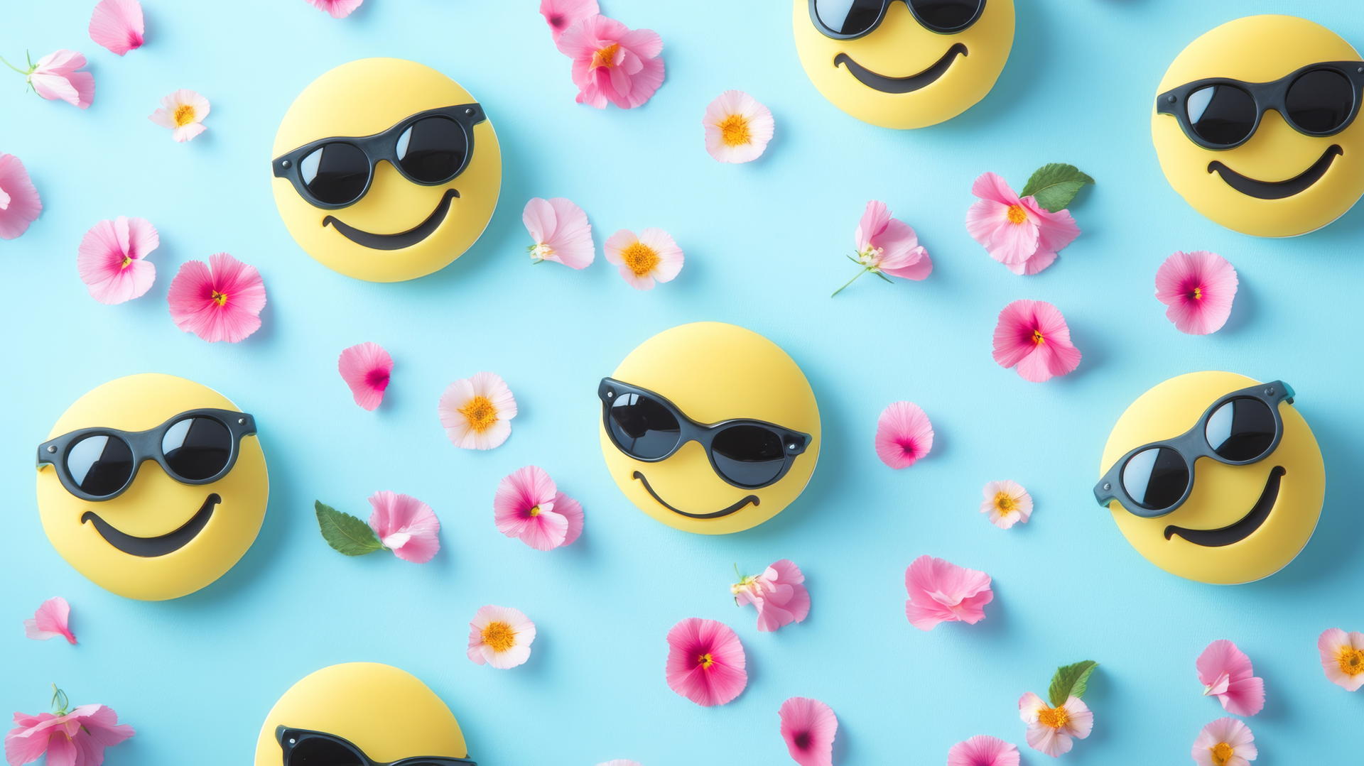 Preppy wallpaper smiley face with sunglasses and flower petals on light blue background.