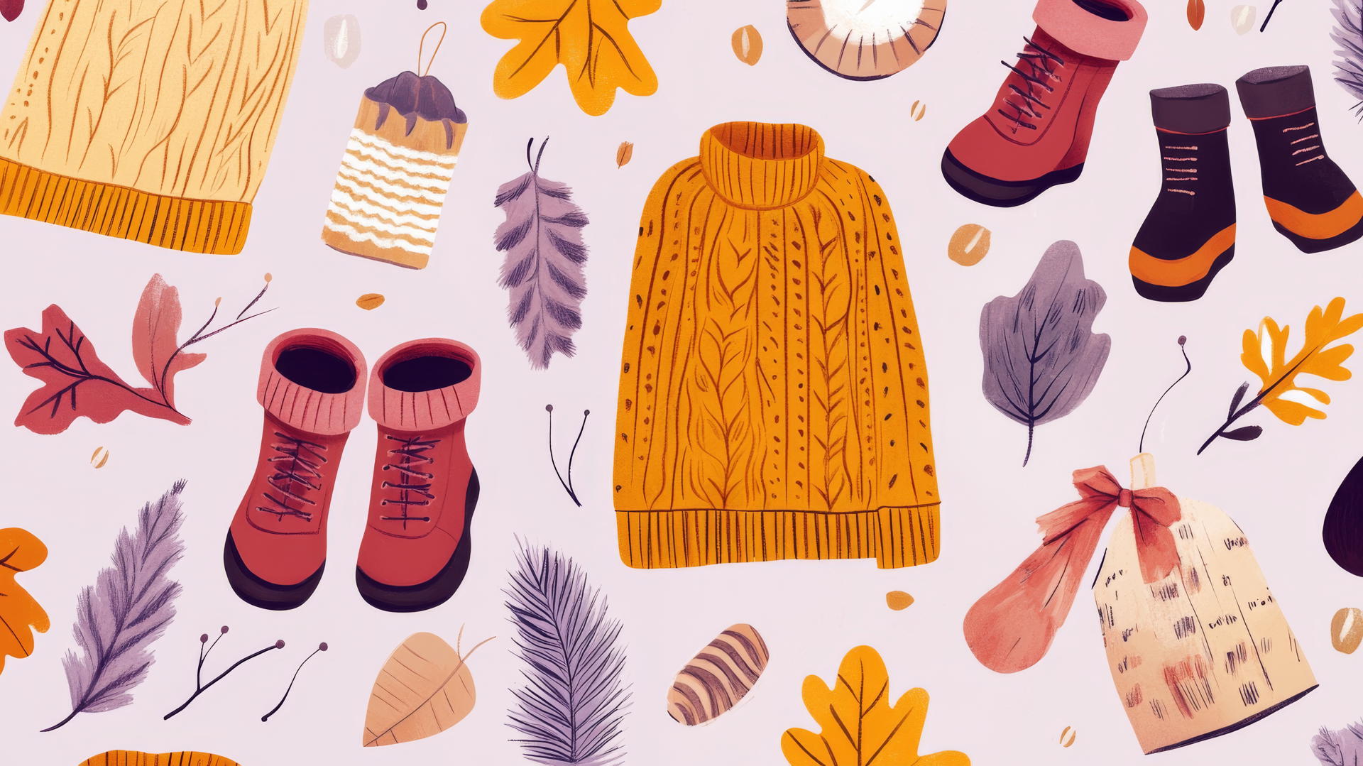 Preppy autumn wallpaper with cozy fall clothing on lavender