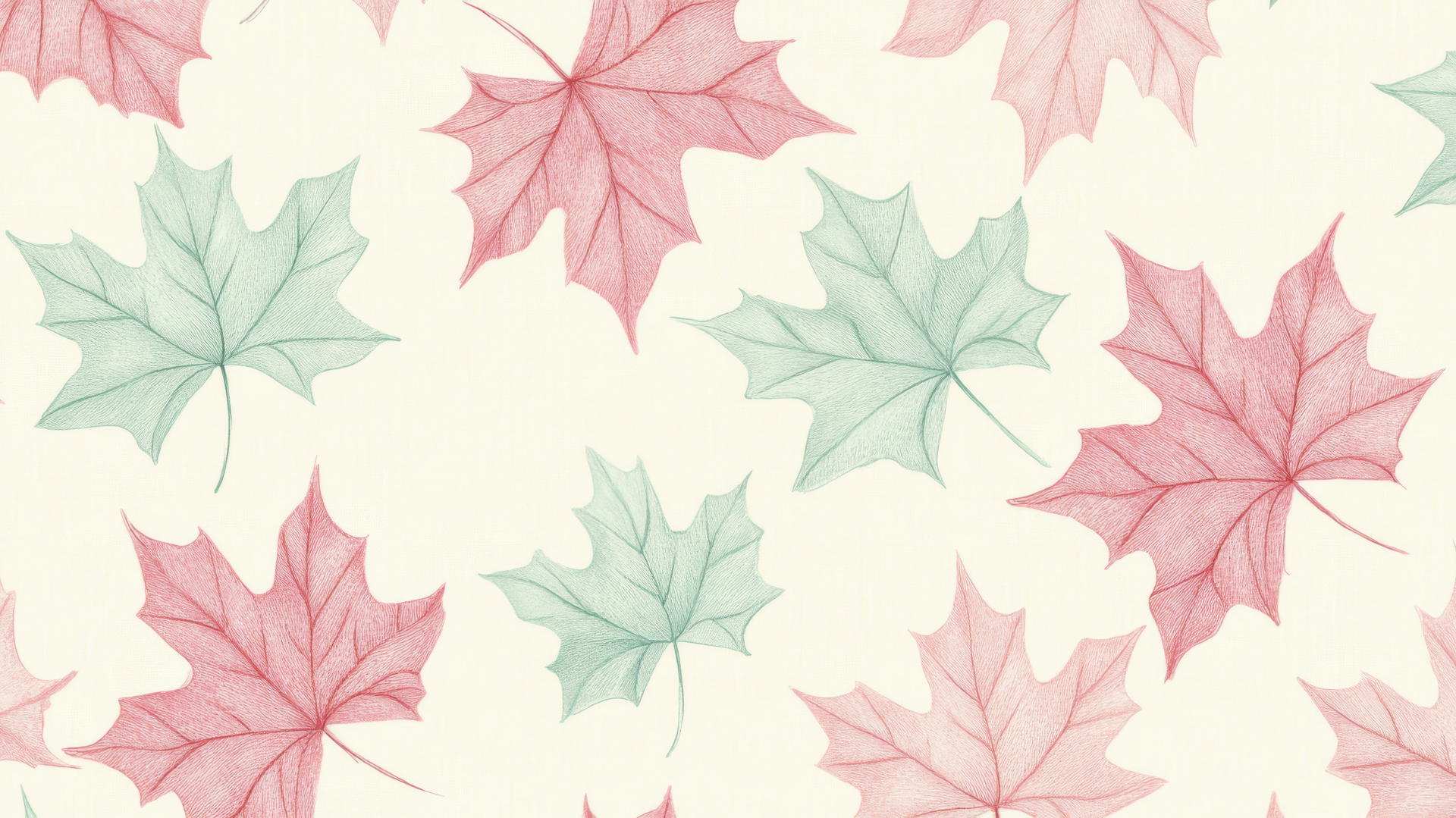 Preppy fall wallpaper with hand-drawn pastel pink and mint green maple leaves on cream background