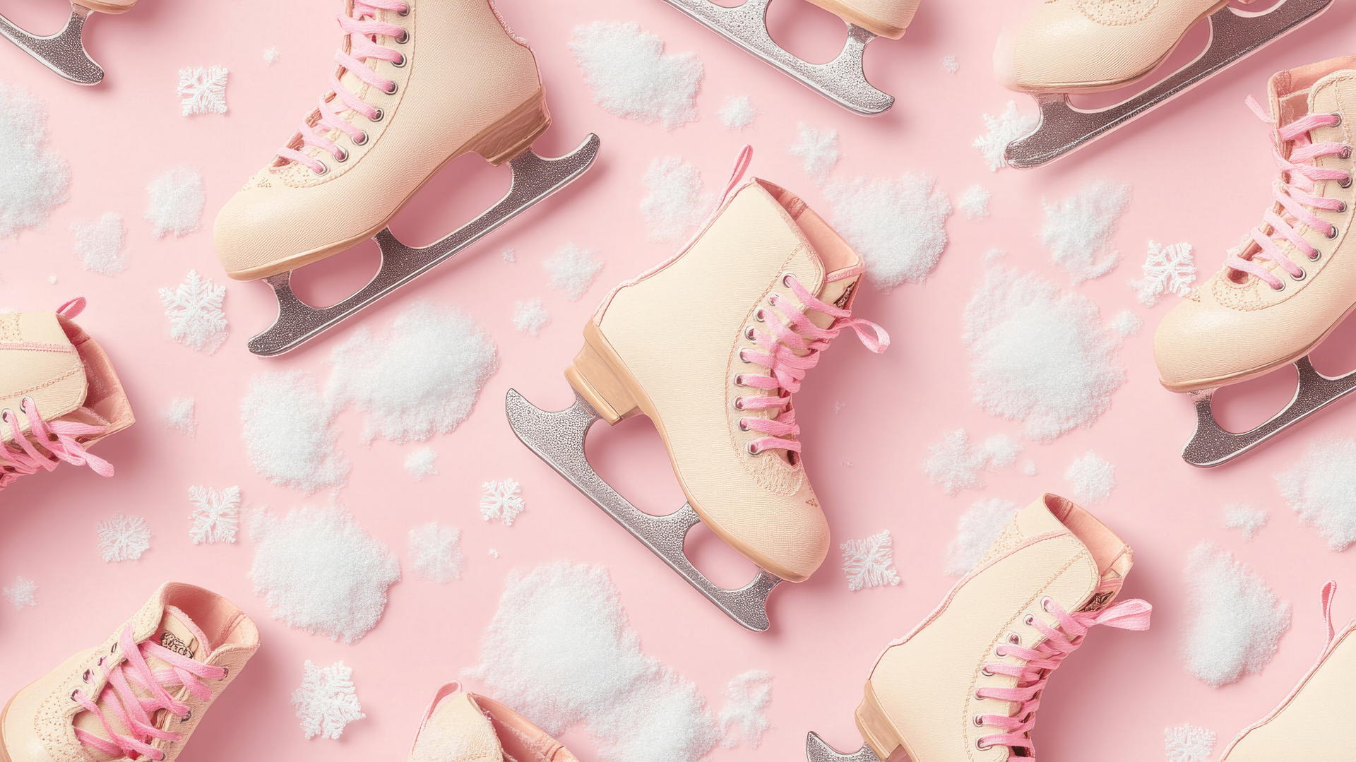 preppy winter wallpaper with vintage ice skates and pink laces on light pink background