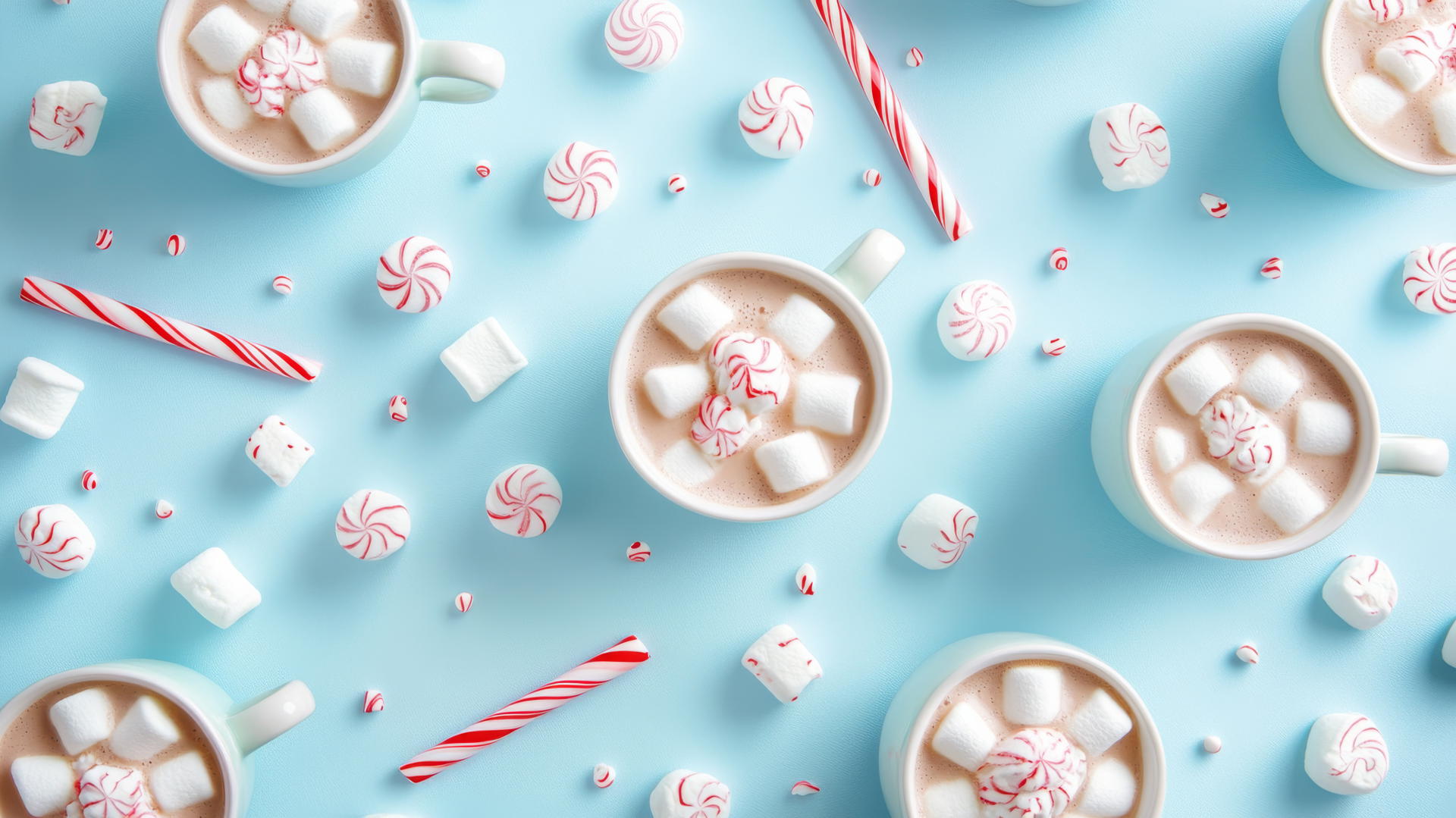 Preppy winter wallpaper with hot cocoa, marshmallows, candy canes, and whipped cream on pastel blue