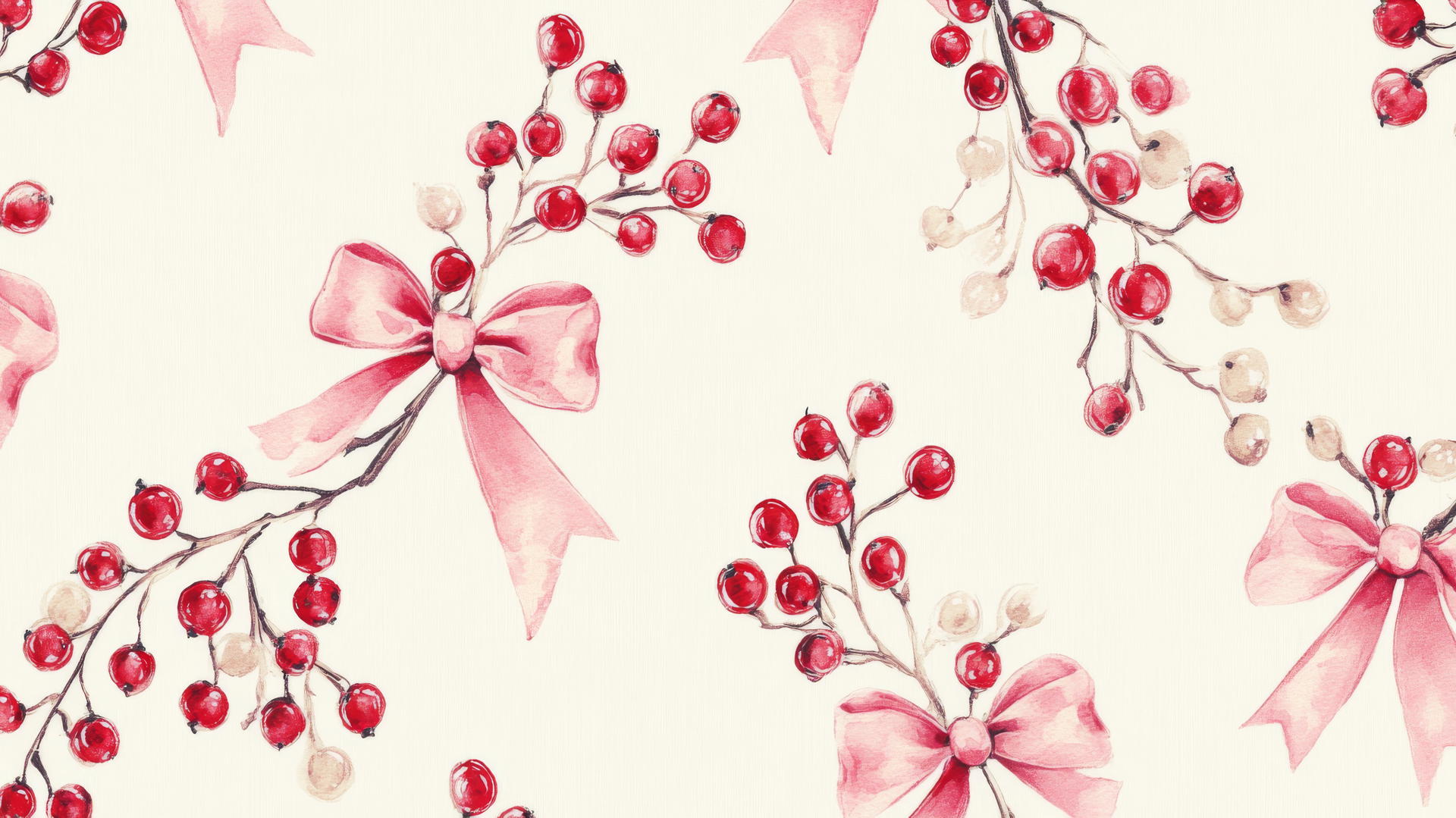 preppy winter wallpaper with red berries and pink ribbon bows on cream background