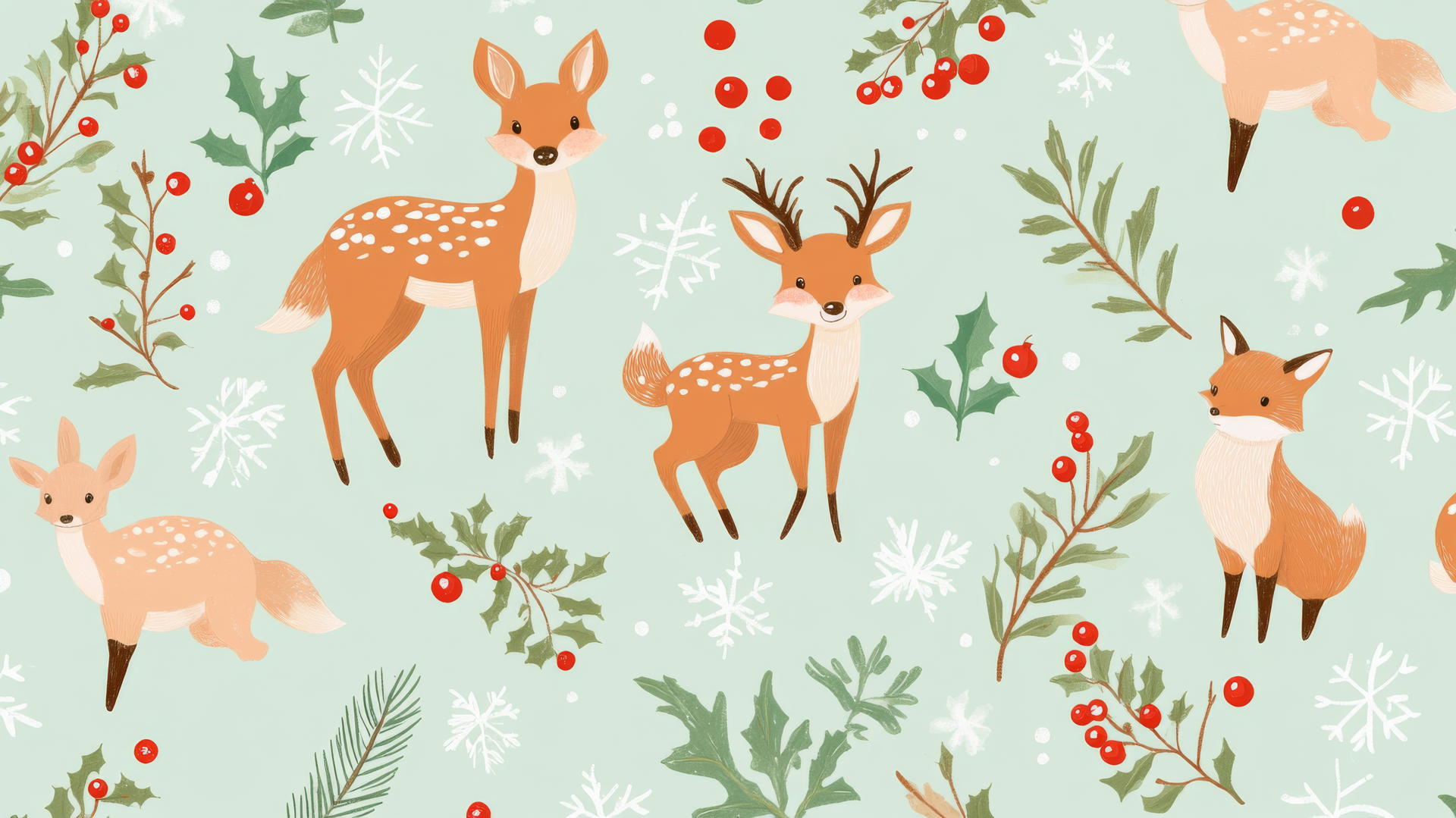 preppy winter wallpaper with cute deer and foxes, holly leaves, and berries