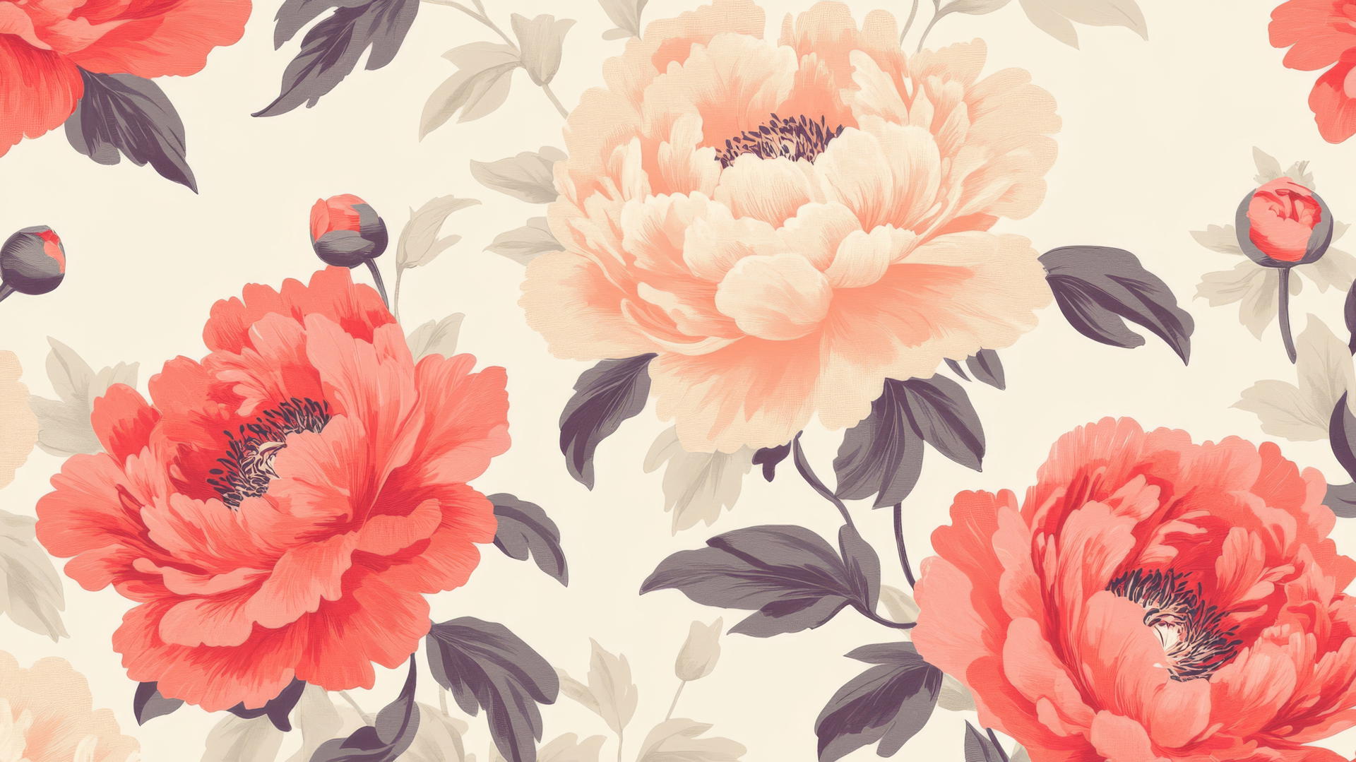 preppy spring wallpaper with large pink and coral peonies, cream background
