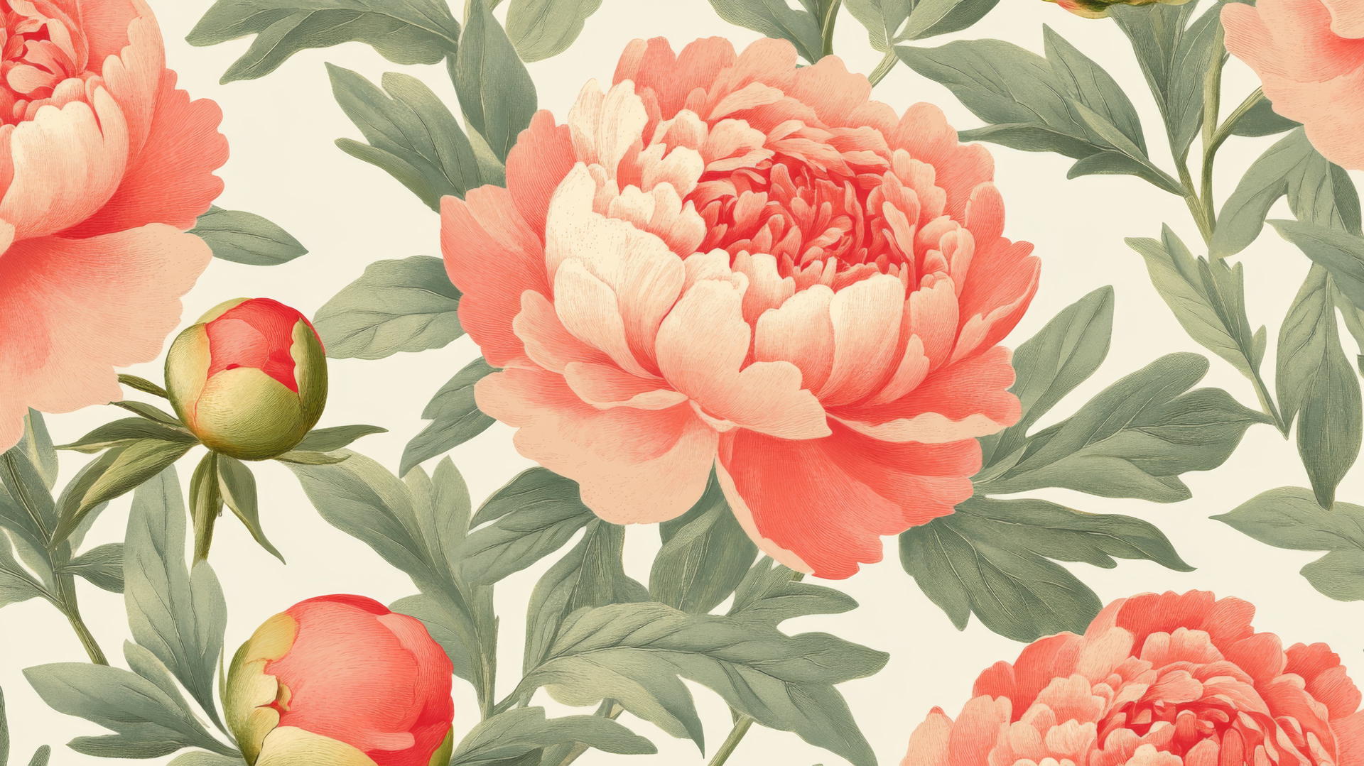 Preppy spring wallpaper with pink peonies on cream