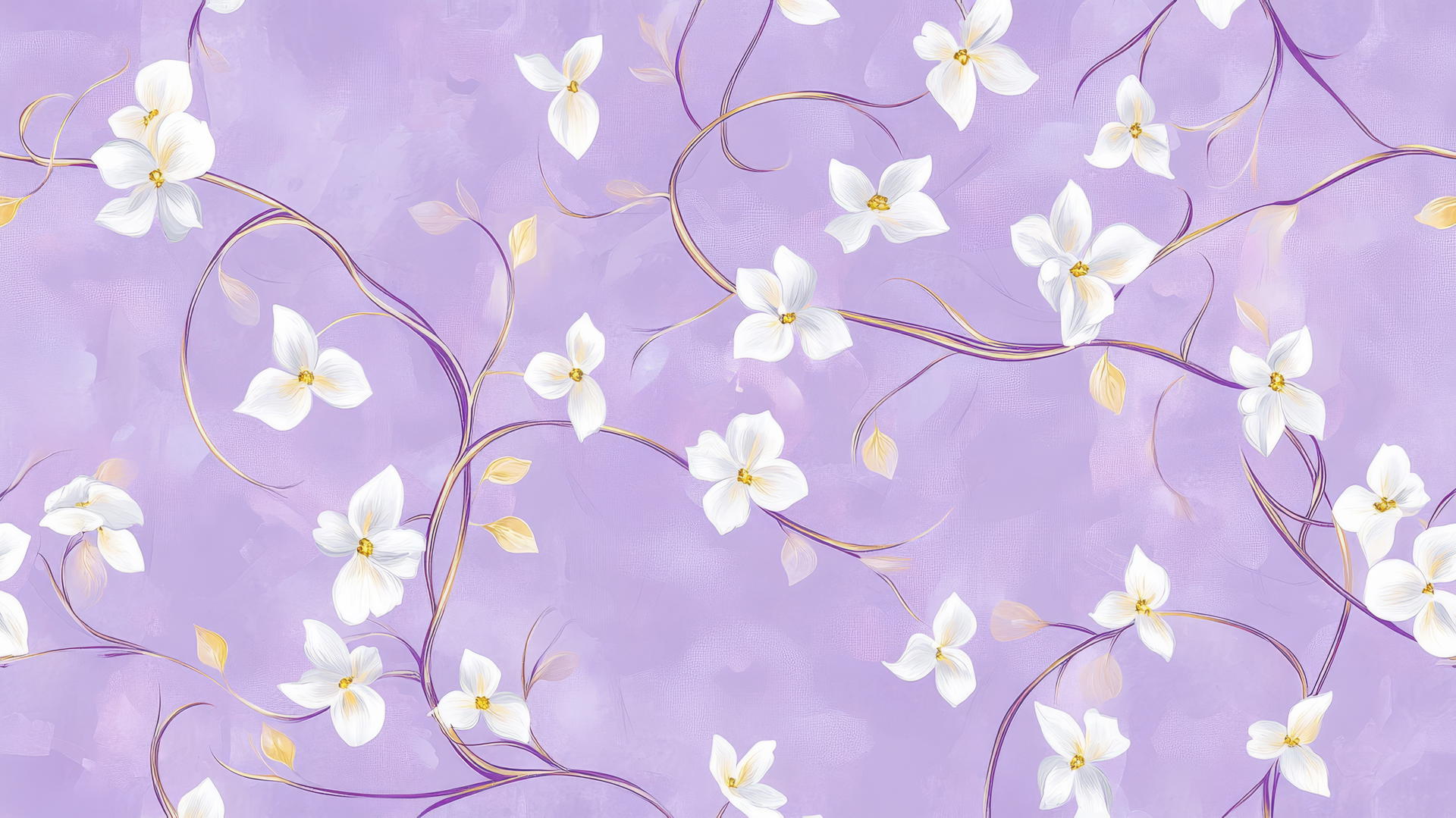 preppy purple wallpaper with purple vines, white flowers, and gold accents on lavender background